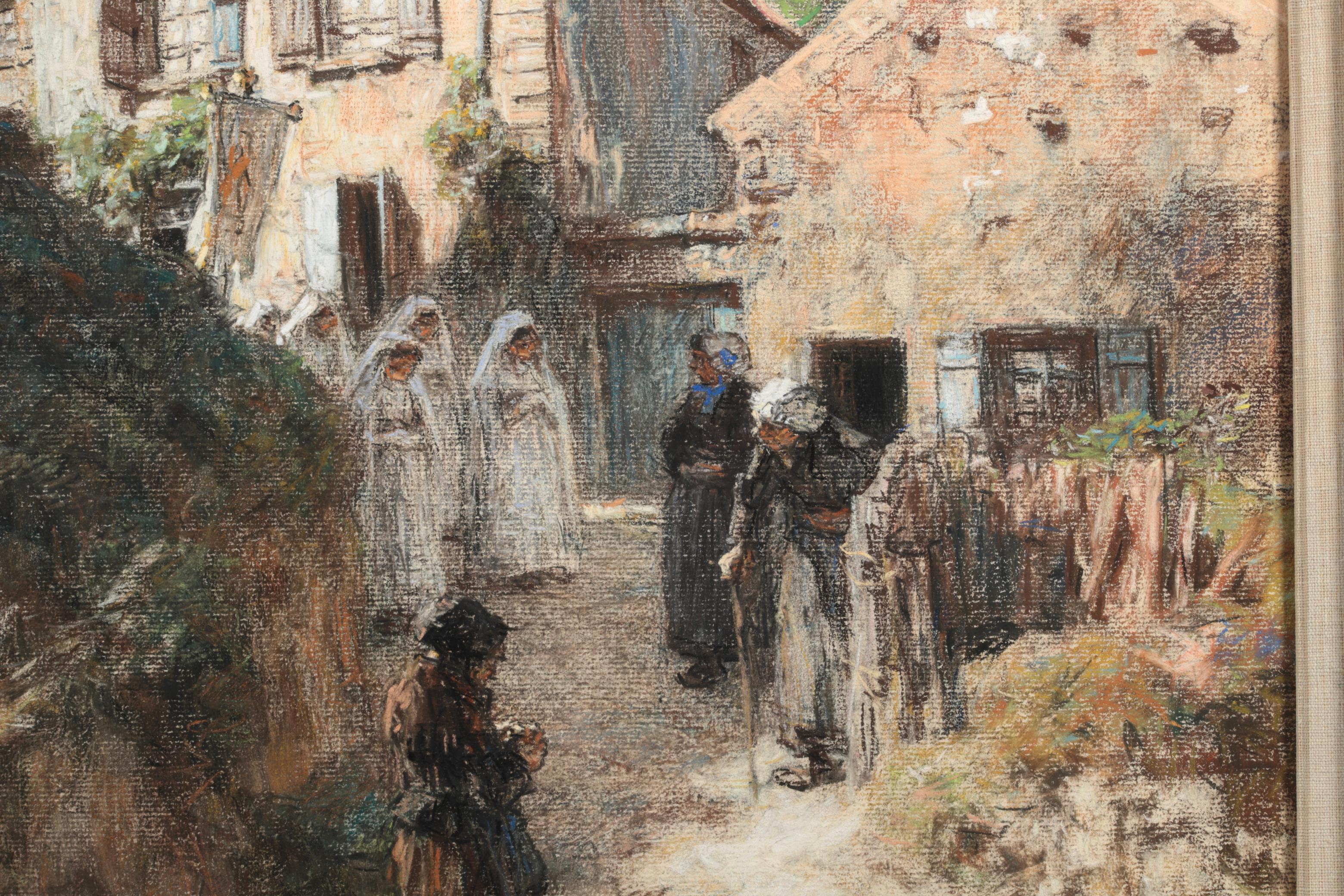Signed Barbizon figures in landscape pastel on paper circa 1885 by French painter Leon Augustin Lhermitte. The piece depicts a first communion ceremony, with girls in white dresses and headscarves walking through a village as elder women look on. A