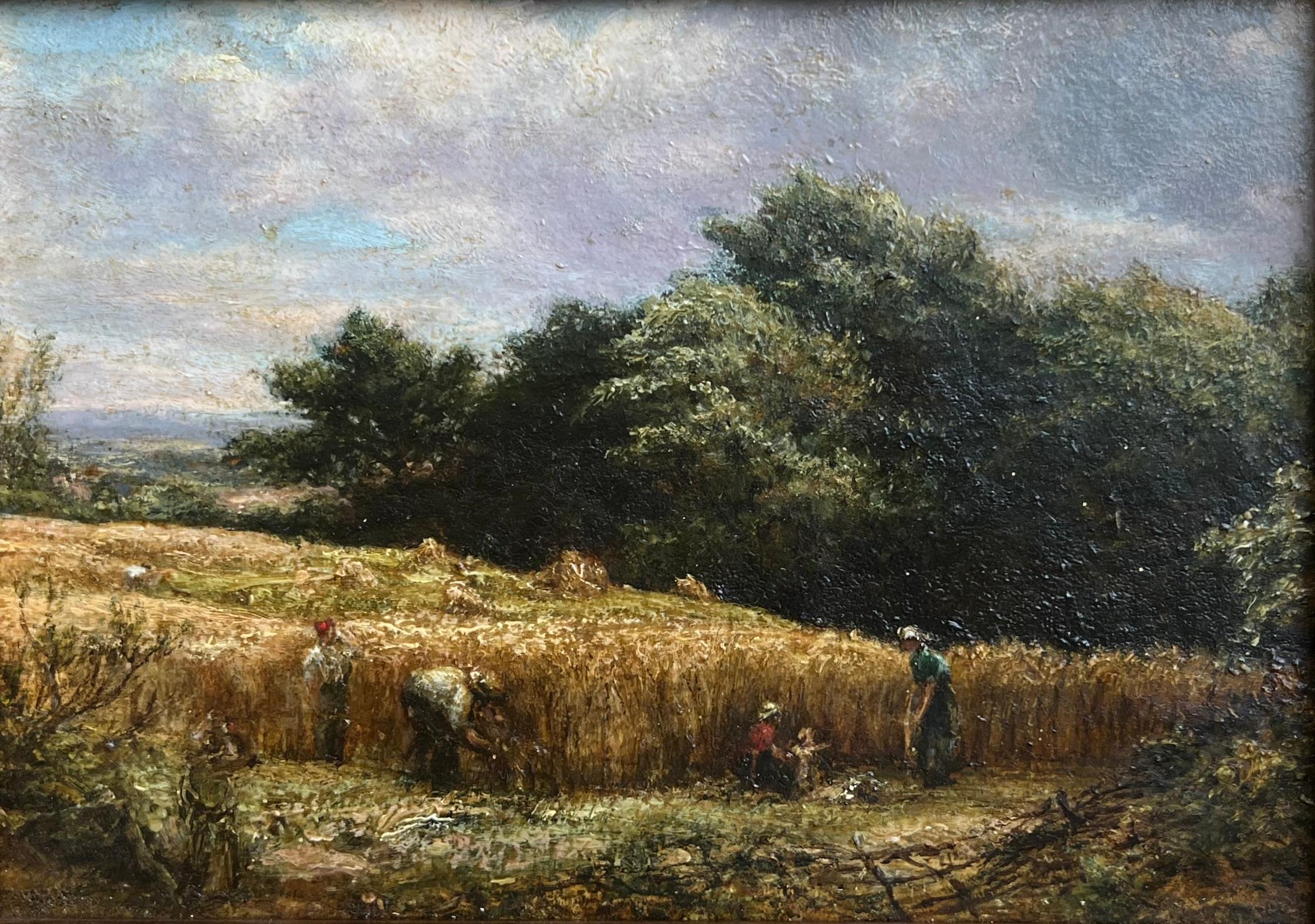 Une petite huile vraiment charmante qui capture un instantané idyllique de travailleurs agricoles et de leur famille en train de récolter sous le soleil.

Attribué à Léon Augustin L'Hermitte (1844-1925)
Moissonneuses dans le champ
Huile sur carton
5