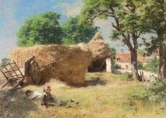 La sieste a la ferme des Greves - Barbizon Landscape Pastel by Leon Lhermitte