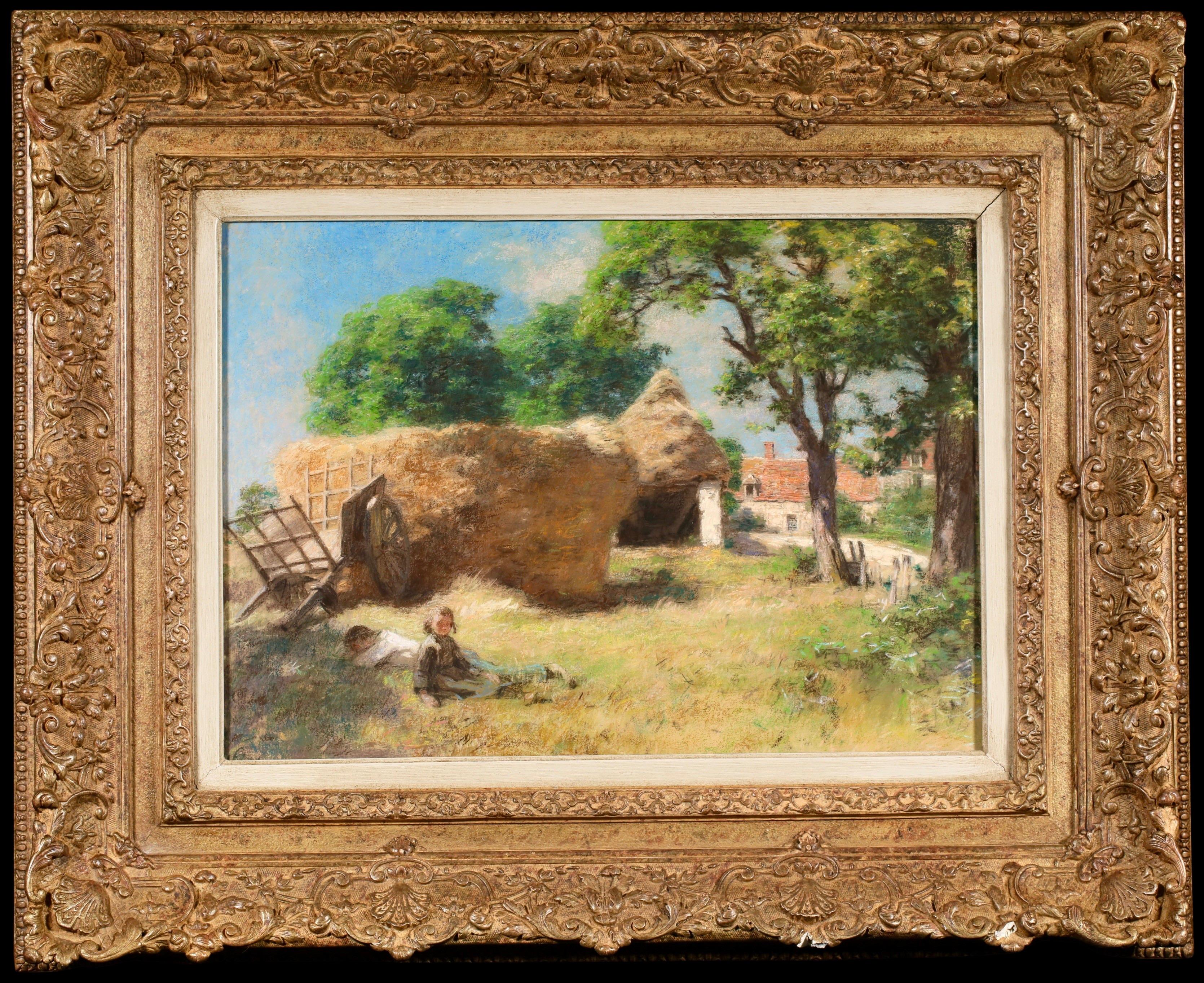Léon Augustin Lhermitte Figurative Painting - La sieste a la ferme des Greves - Barbizon Landscape Pastel by Leon Lhermitte