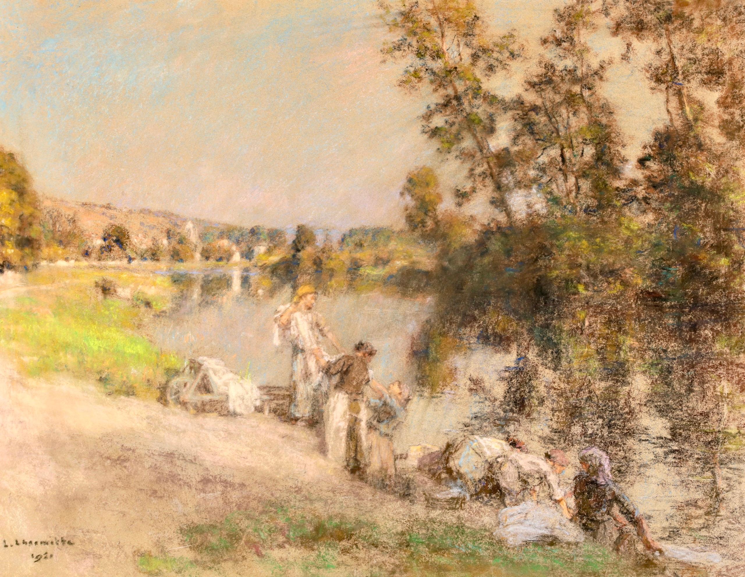 Lavandieres a la Marne d'apres midi - Pastello figurativo di Barbizon - Leon Lhermitte - Painting di Léon Augustin Lhermitte