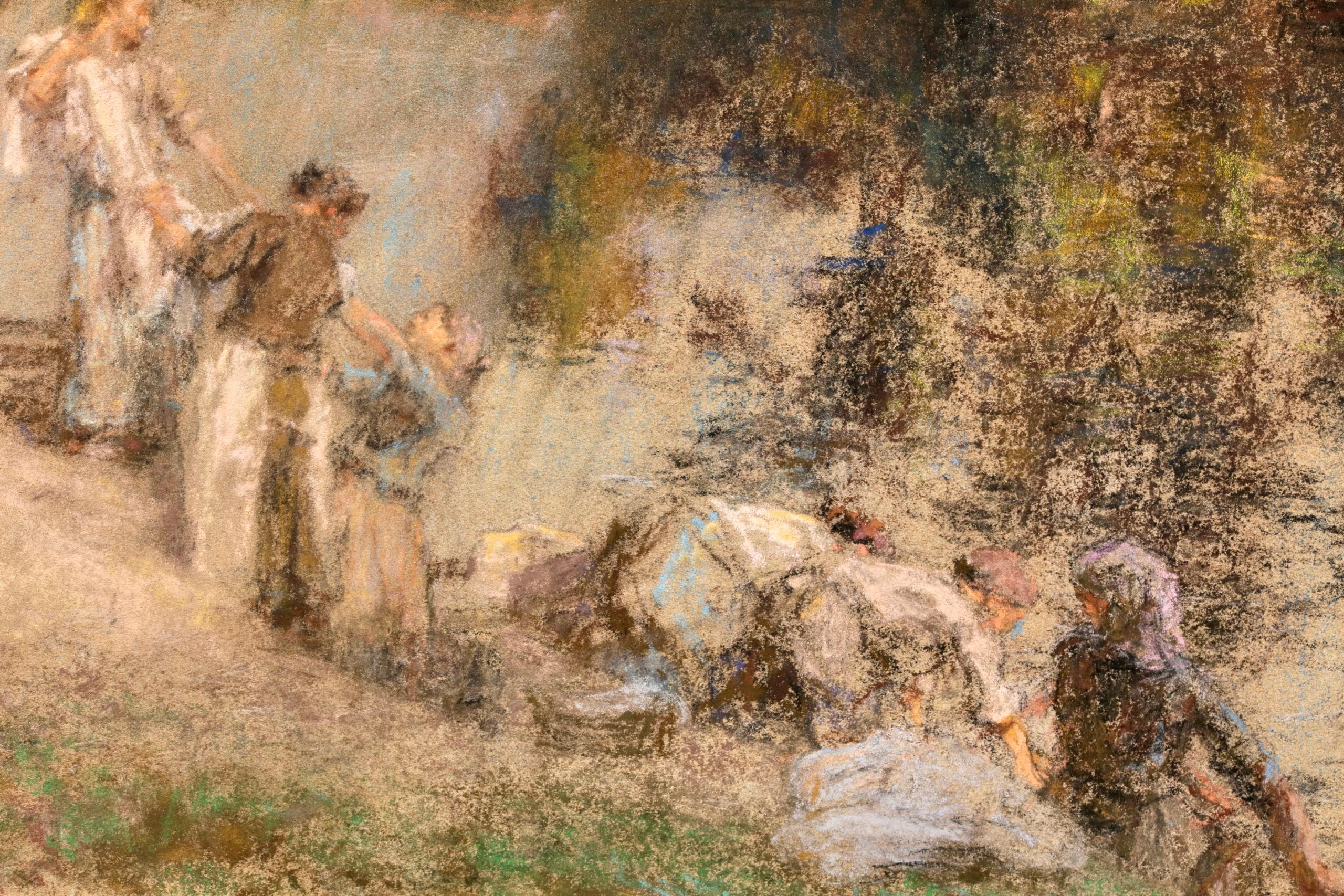 Figure firmate e datate in un paesaggio a pastello su tela del pittore francese di Barbizon Leon-Augustin Lhermitte. L'opera raffigura delle lavandaie che lavano la biancheria sulla riva del fiume Marna, un affluente orientale della Senna nella zona