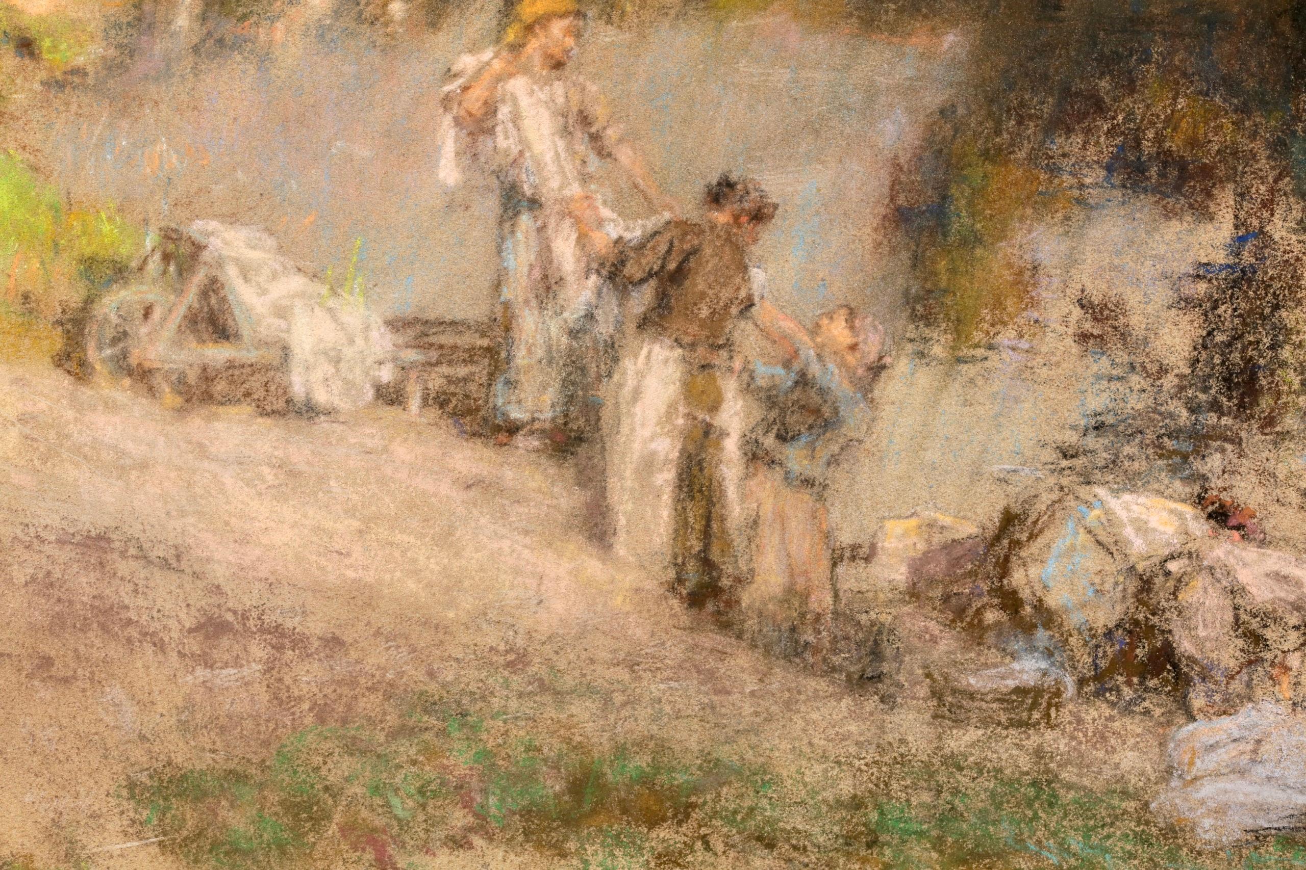 Lavandieres a la Marne d'apres midi - Pastello figurativo di Barbizon - Leon Lhermitte in vendita 1