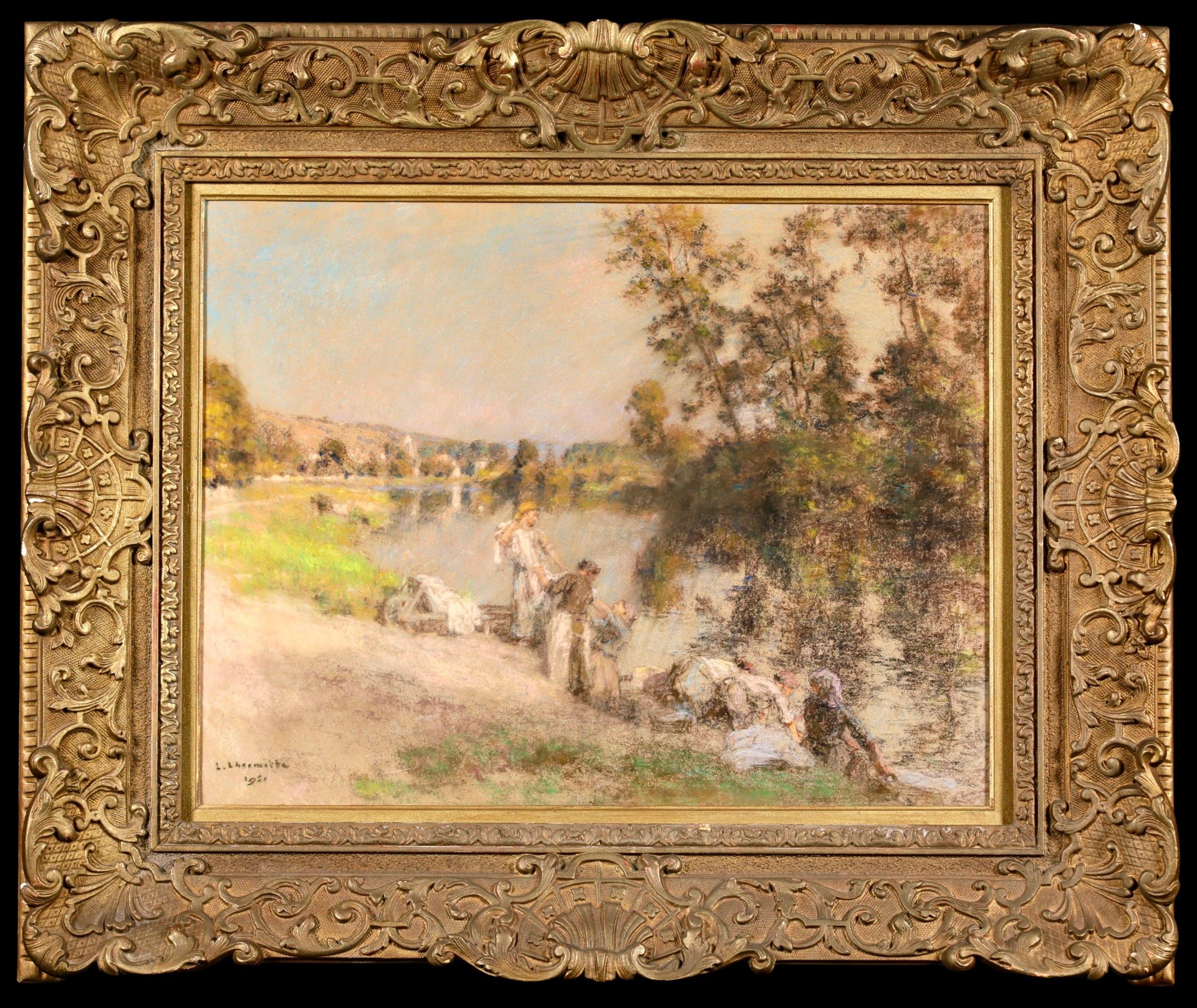 Lavandieres à la Marne d'apres midi - Pastel figuratif de Barbizon -Leon Lhermitte