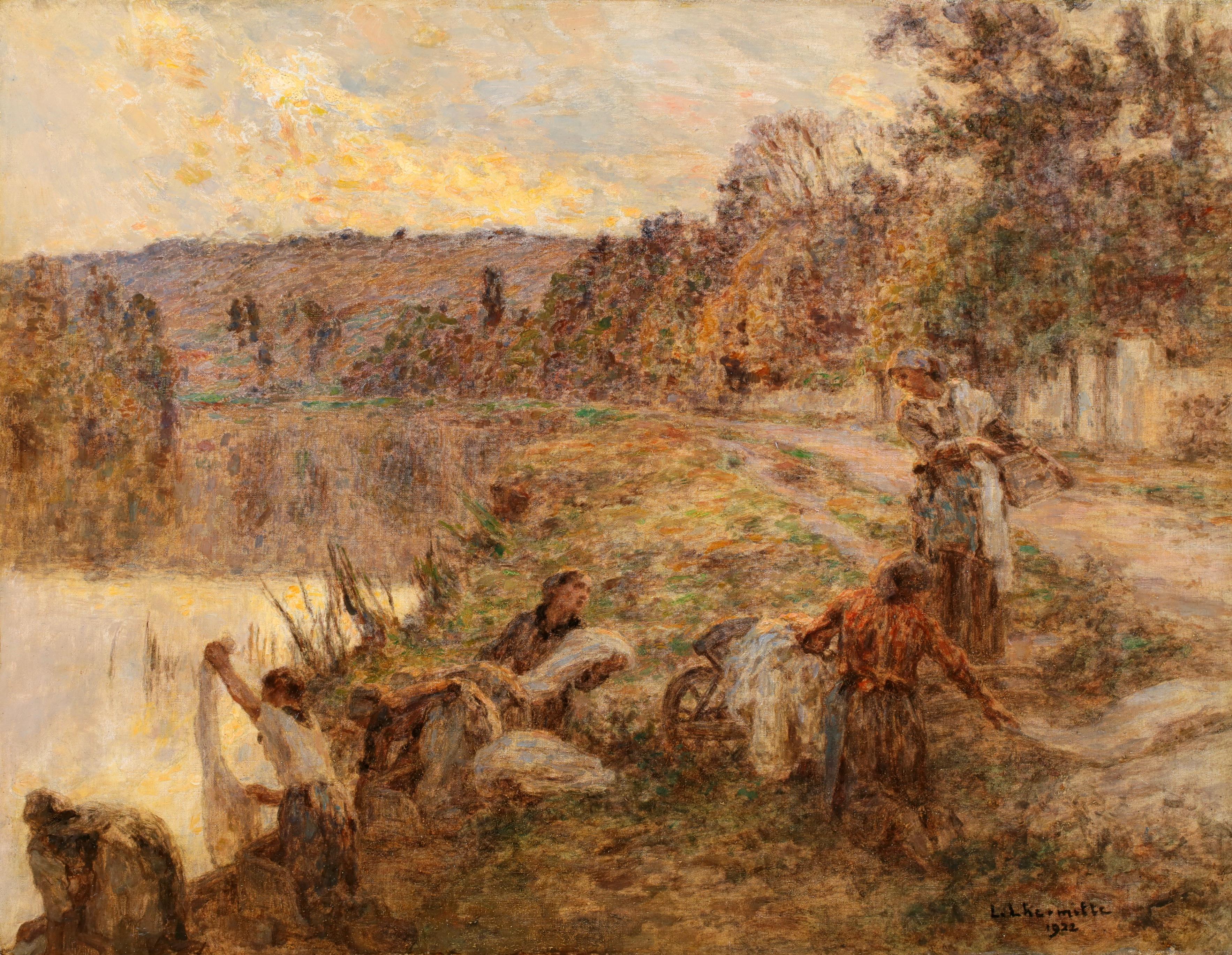 Lavandieres - Paesaggio figurativo di Barbizon Pastello di Leon Lhermitte - Painting di Léon Augustin Lhermitte