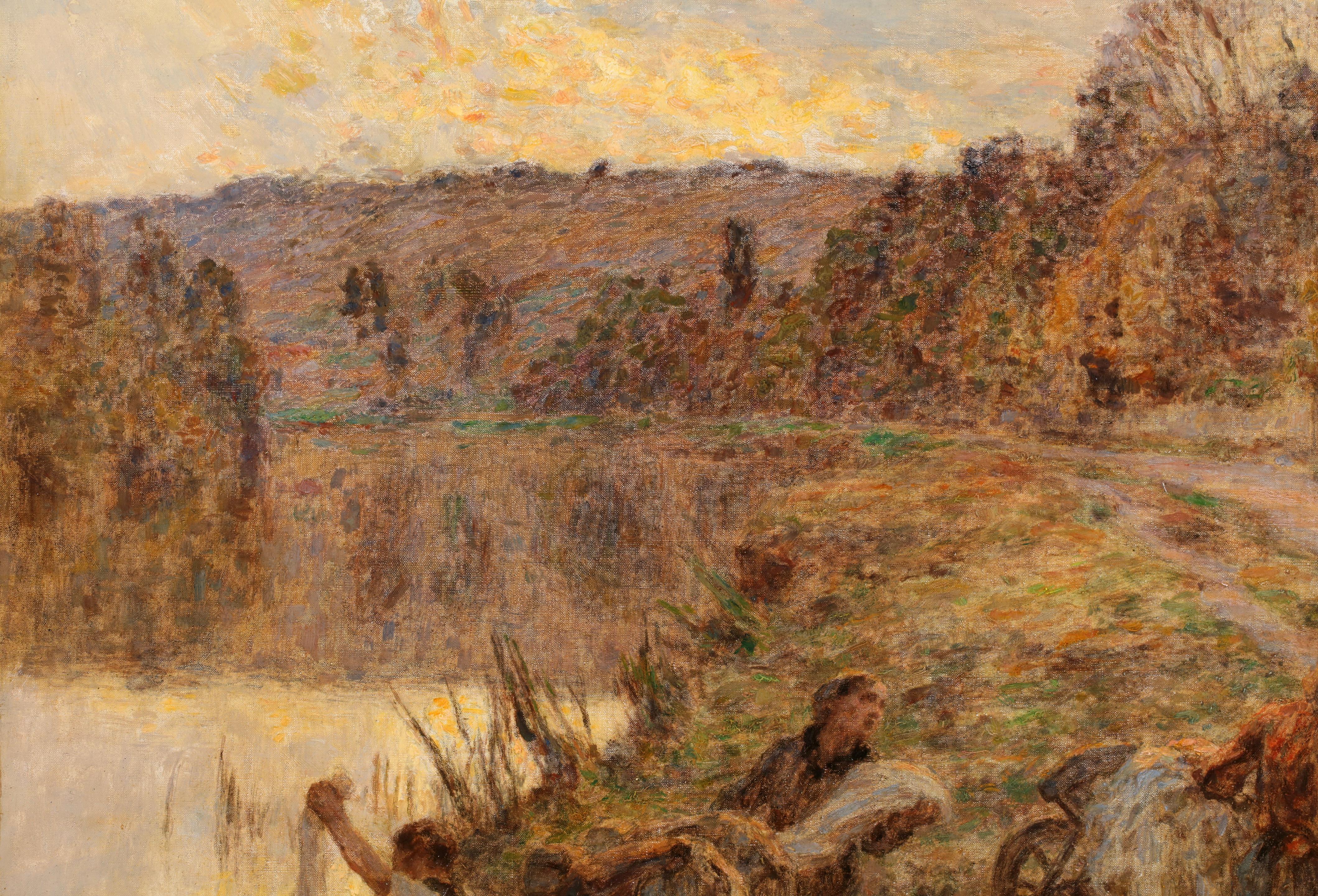 Lavandieres - Paesaggio figurativo di Barbizon Pastello di Leon Lhermitte - Landscape Painting Marrone di Léon Augustin Lhermitte