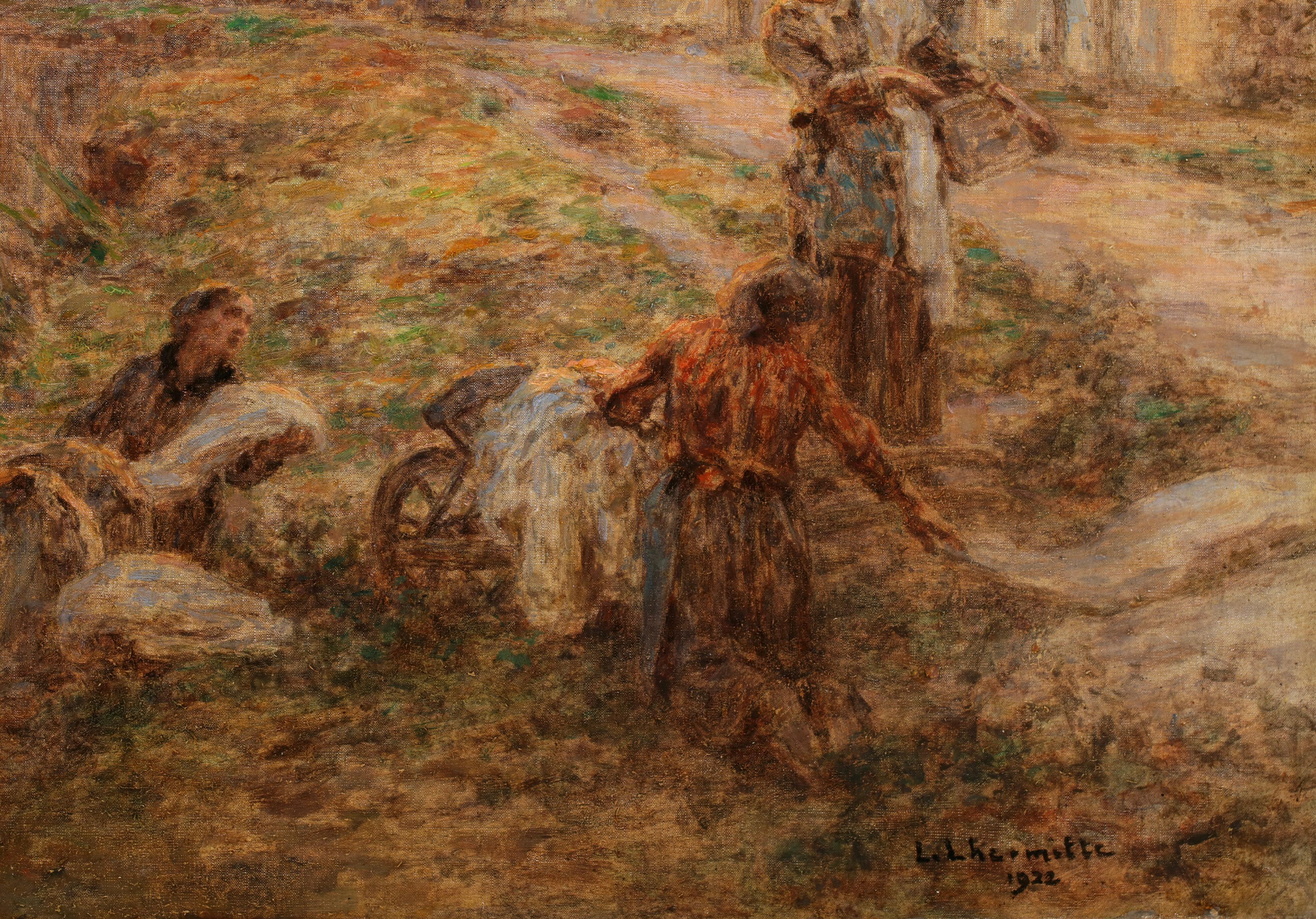 Figure firmate in un paesaggio fluviale olio su tela del pittore francese di Barbizon Leon-Augustin Lhermitte. L'opera raffigura un paesaggio rurale con lavandaie in abiti tradizionali bretoni che lavano il bucato dalla riva del fiume Marna, un