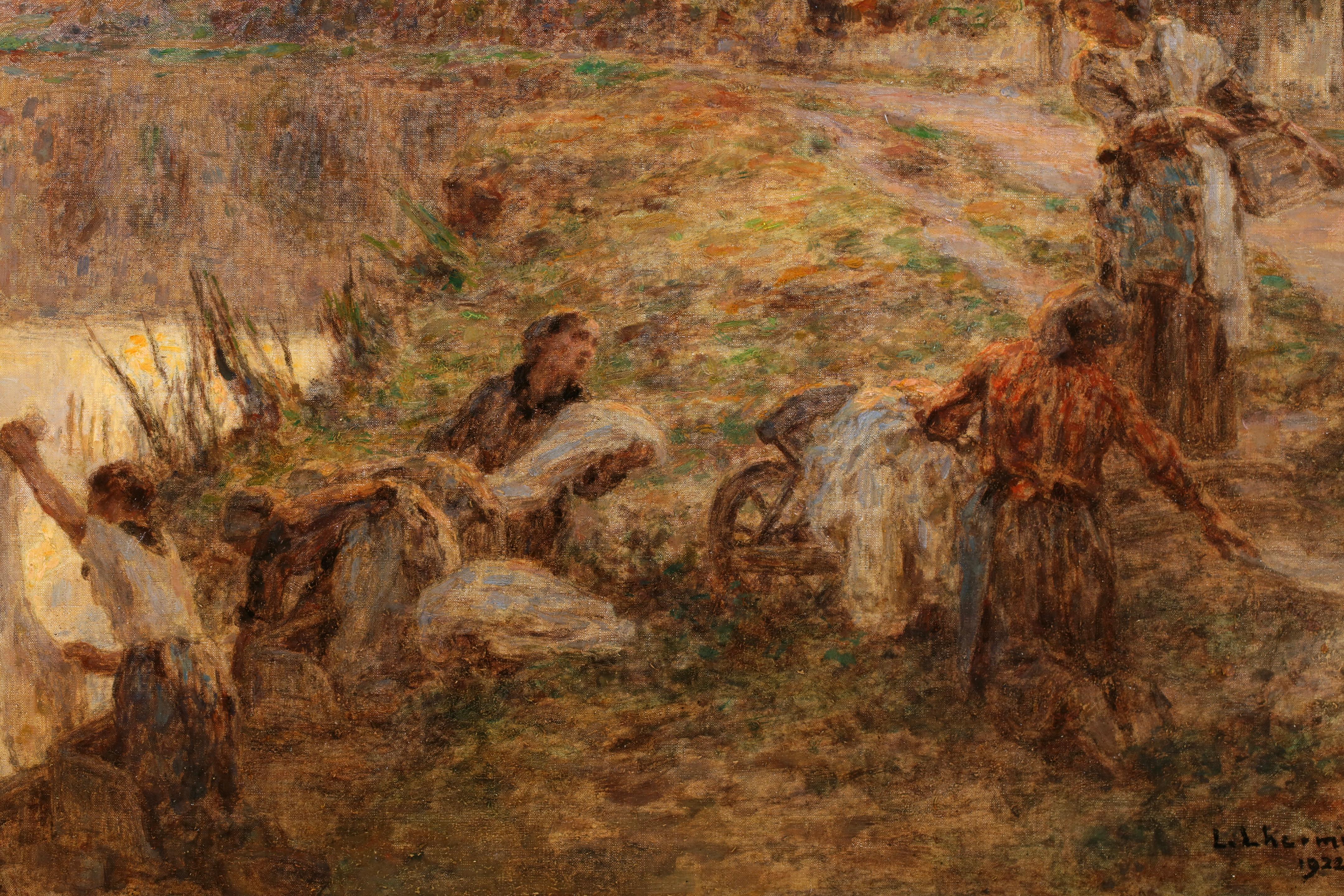Lavandieres - Paesaggio figurativo di Barbizon Pastello di Leon Lhermitte in vendita 1