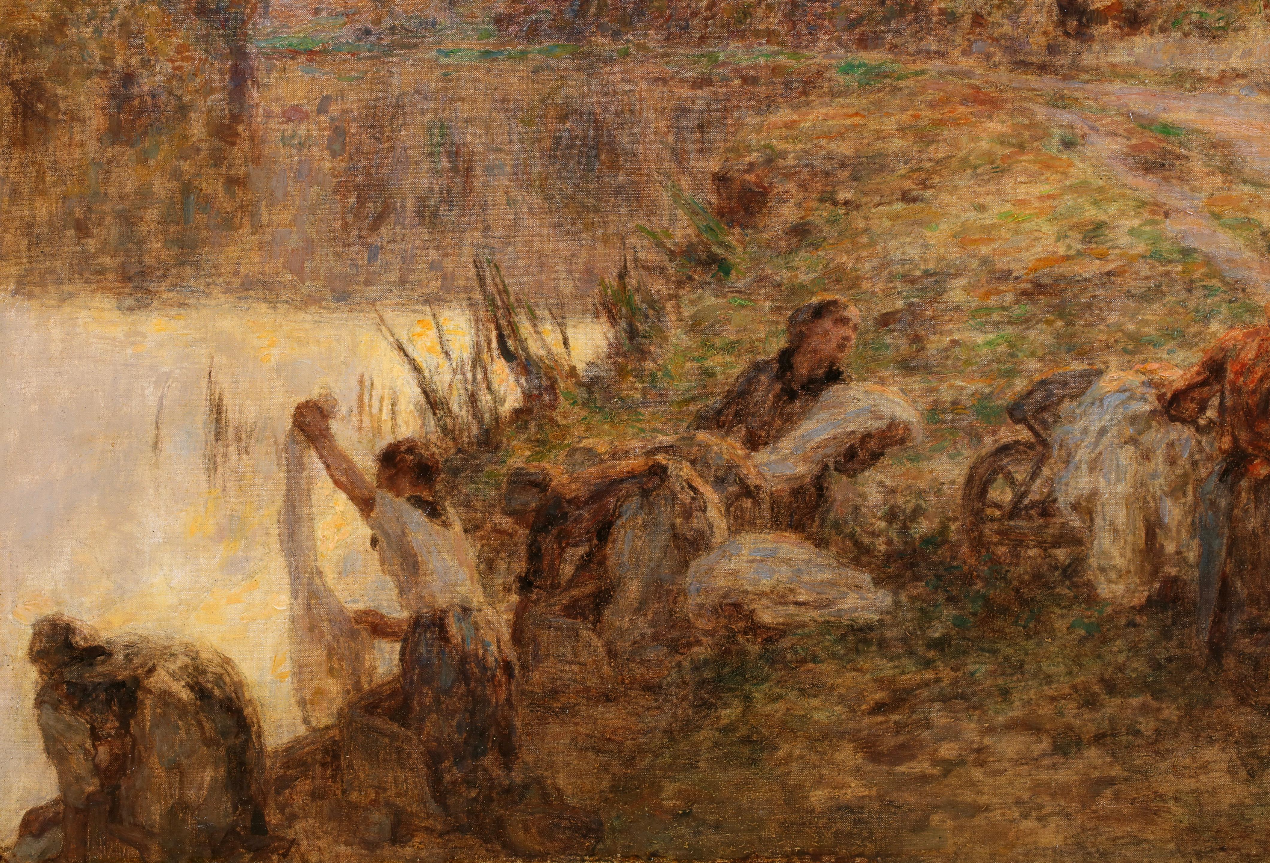 Lavandieres - Paesaggio figurativo di Barbizon Pastello di Leon Lhermitte in vendita 2