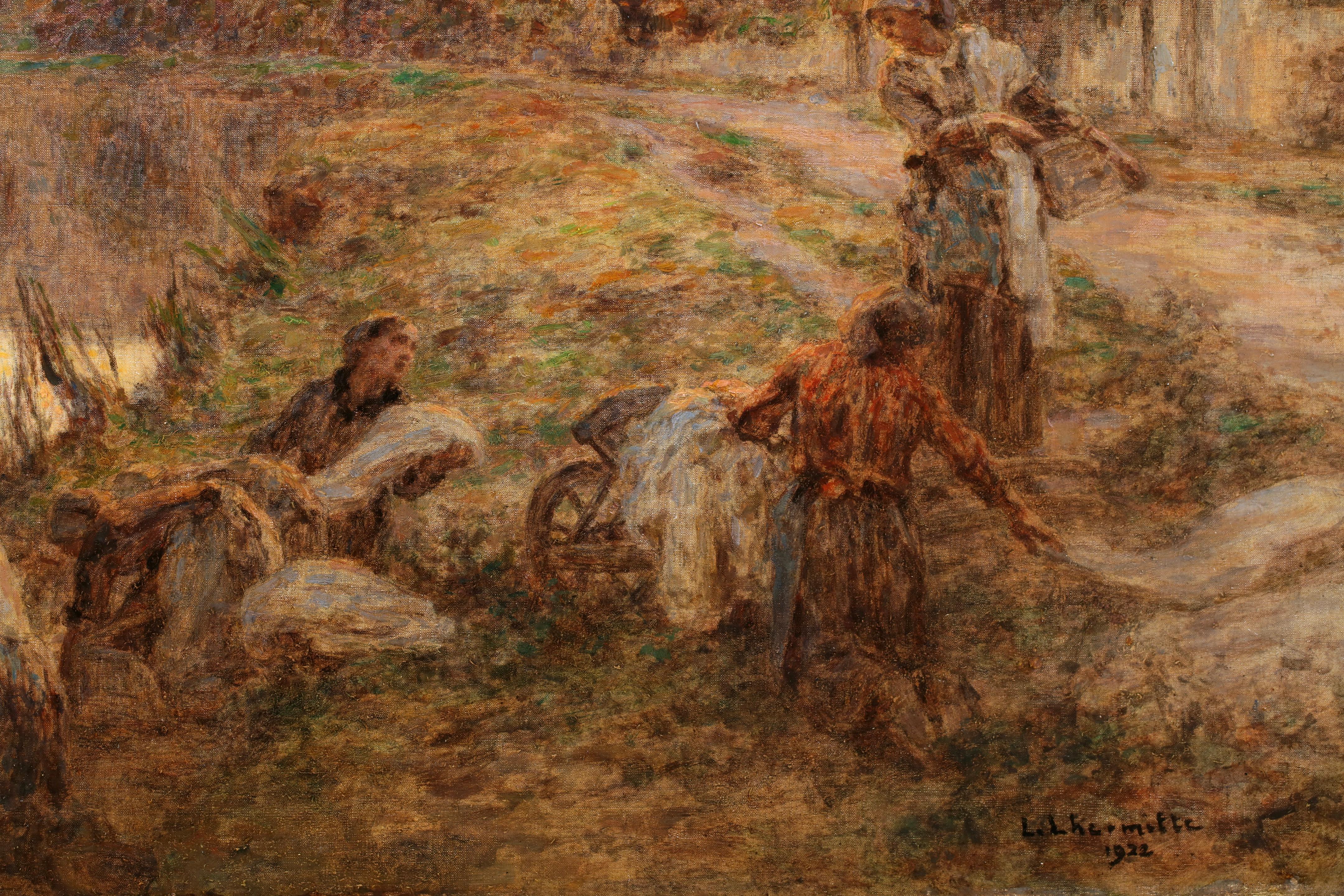 Lavandieres - Paesaggio figurativo di Barbizon Pastello di Leon Lhermitte in vendita 3