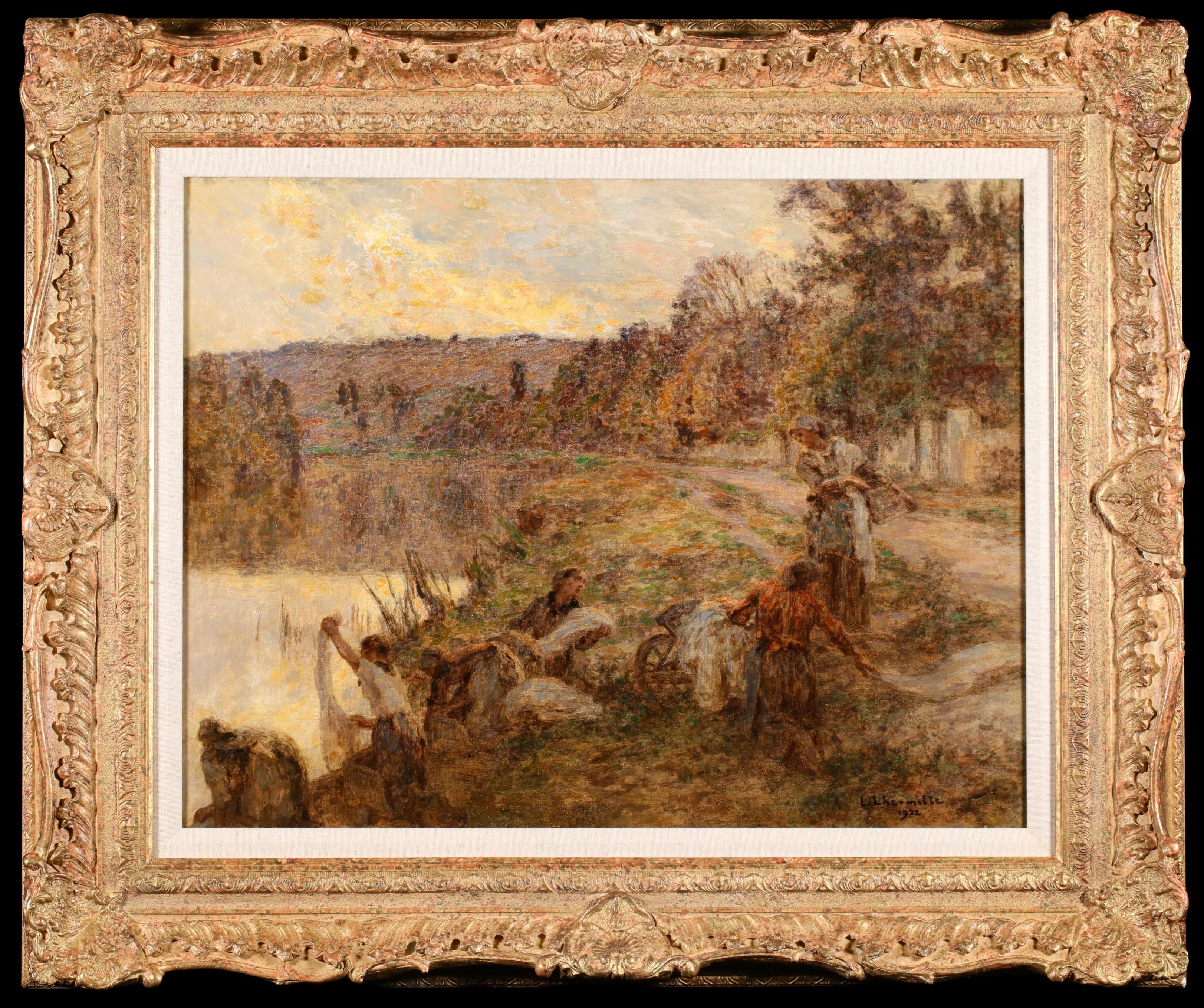Lavandieres - Paisaje figurativo de Barbizon Pastel de Leon Lhermitte