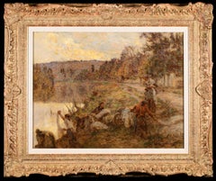 Lavandieres - Barbizon Figurative Landscape Pastel by Leon Lhermitte