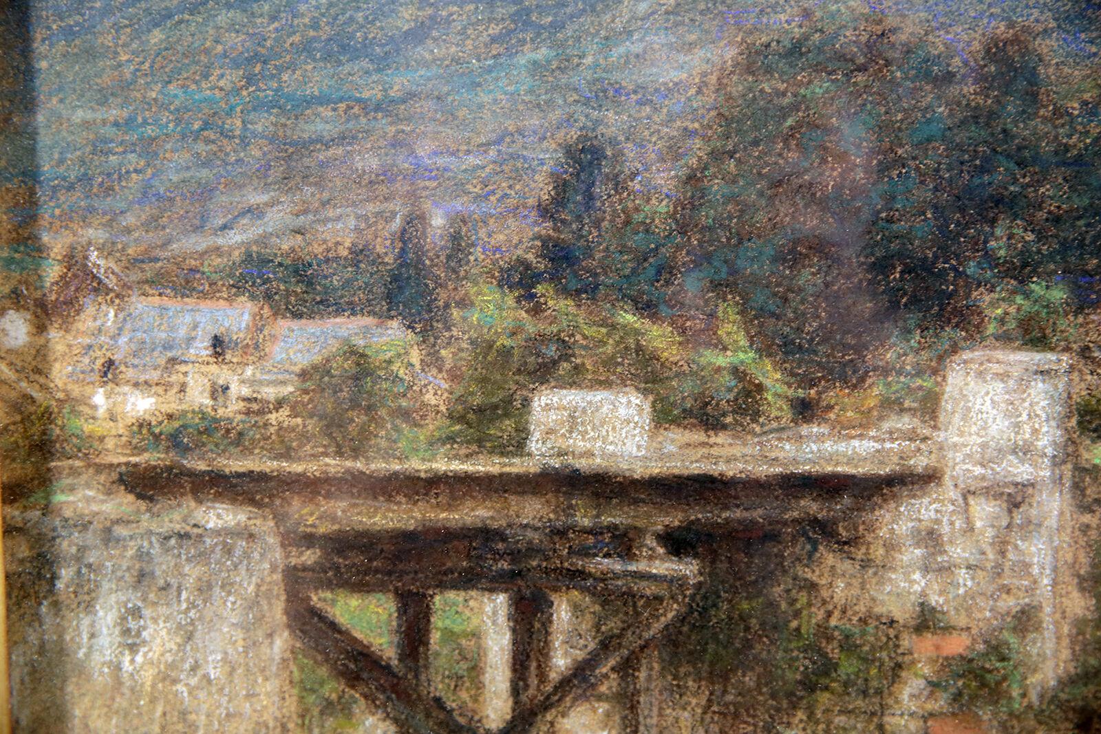 « Le Petit Pont Au Bourget »  Peinture au pastel d'un paysage français du 19e siècle - Painting de Léon Augustin Lhermitte
