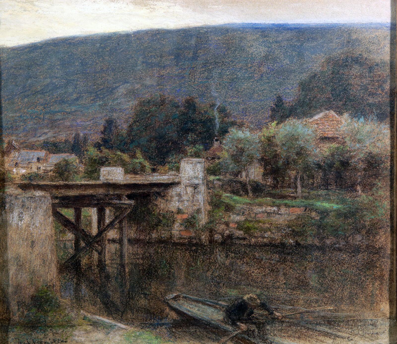 « Le Petit Pont Au Bourget »  Peinture au pastel d'un paysage français du 19e siècle en vente 2