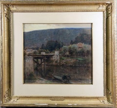 Antique "Le Petit Pont Au Bourget"  19th Century French Landscape Pastel Painting