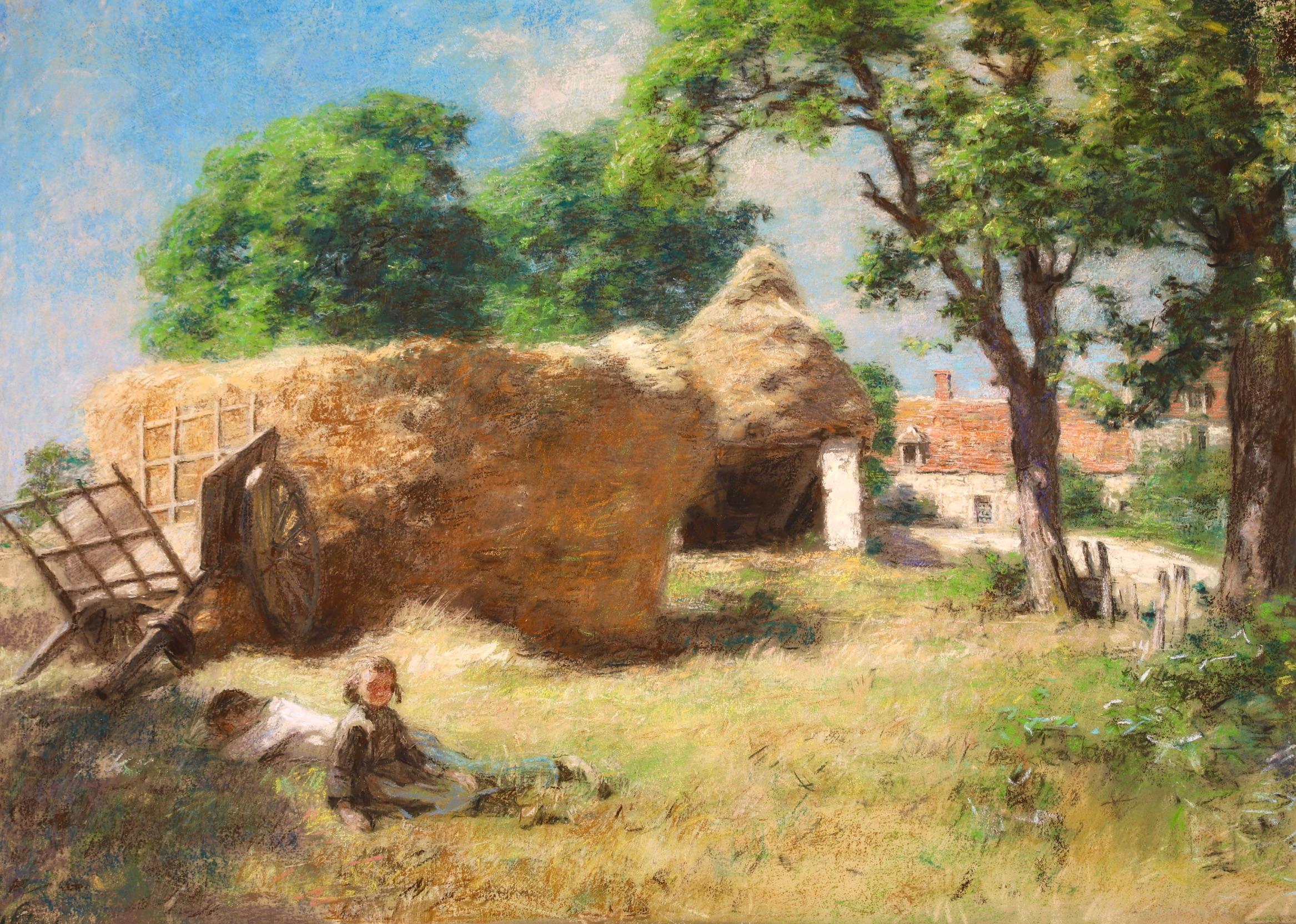 Le repos des moissonneurs - Pastel figuratif de Barbizon de Leon Lhermitte - Painting de Léon Augustin Lhermitte