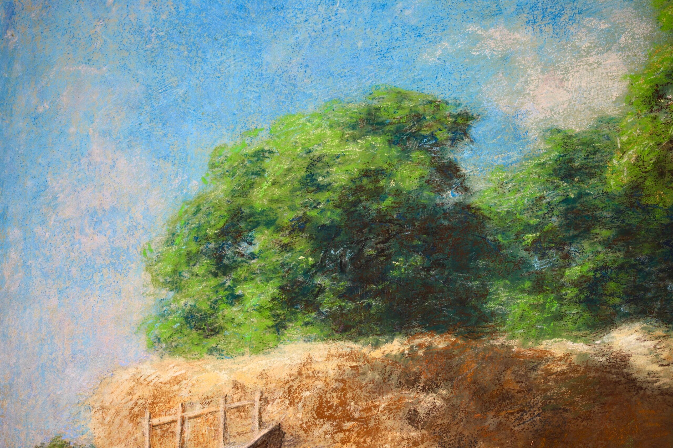 Figures signées dans un paysage au pastel sur toile vers 1885 par le peintre français de Barbizon Léon Augustin Lhermitte. L'œuvre représente deux enfants se reposant à côté d'une grande meule de foin dans une ferme par une belle journée