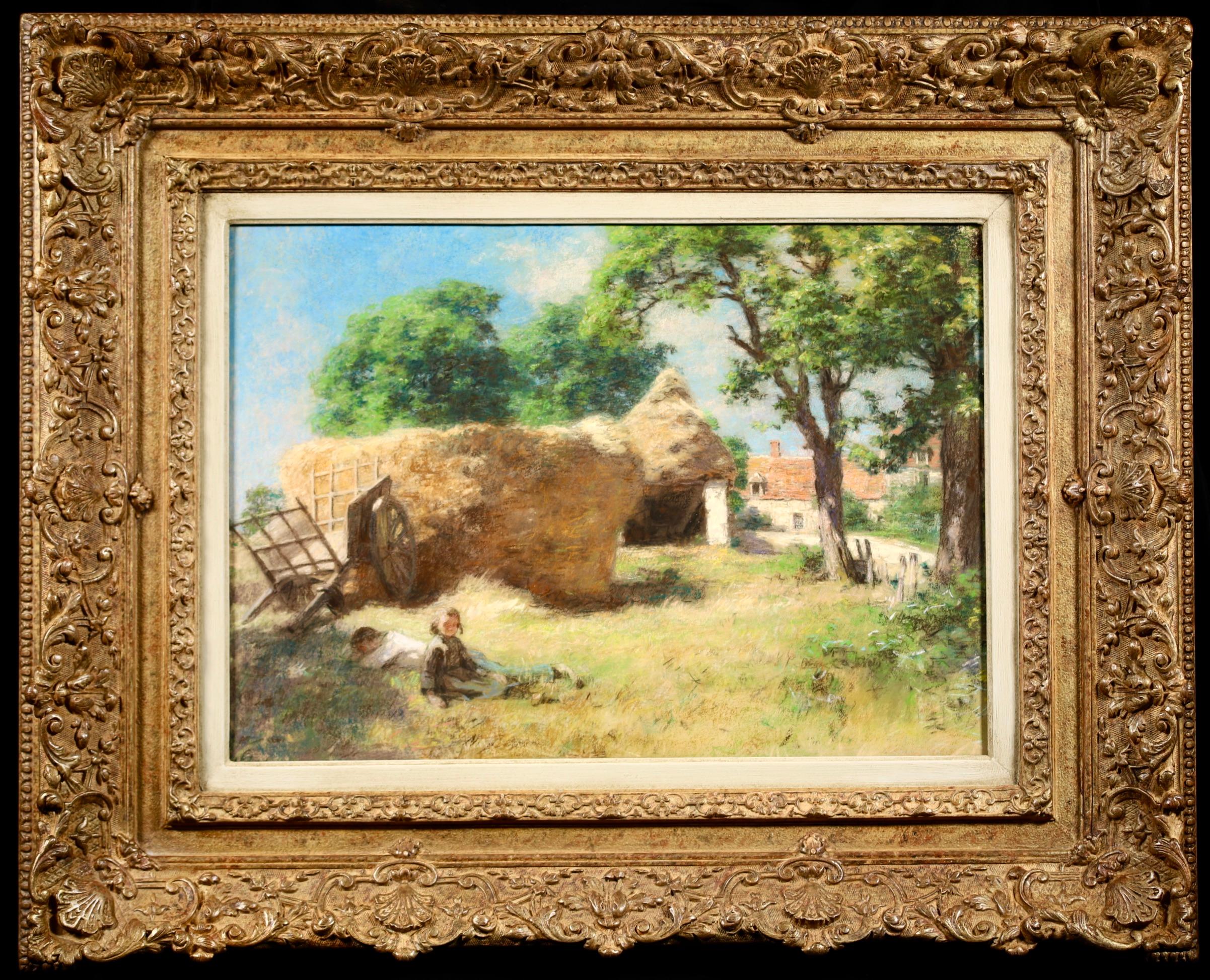 Landscape Painting Léon Augustin Lhermitte - Le repos des moissonneurs - Pastel figuratif de Barbizon de Leon Lhermitte