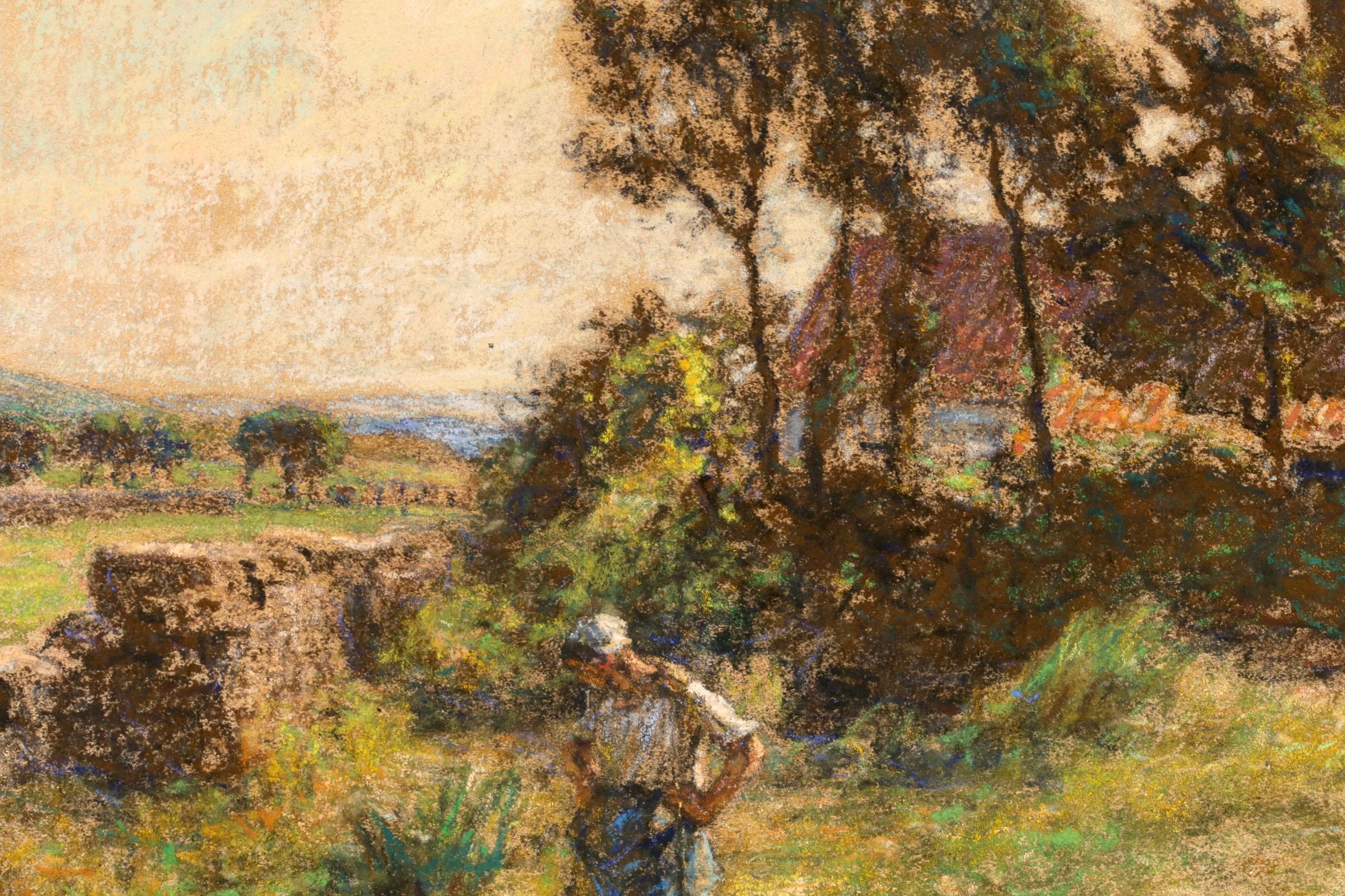 Les Puiseuses d'Eau - Paesaggio figurativo di Barbizon, pastello di Leon Lhermitte - Painting di Léon Augustin Lhermitte