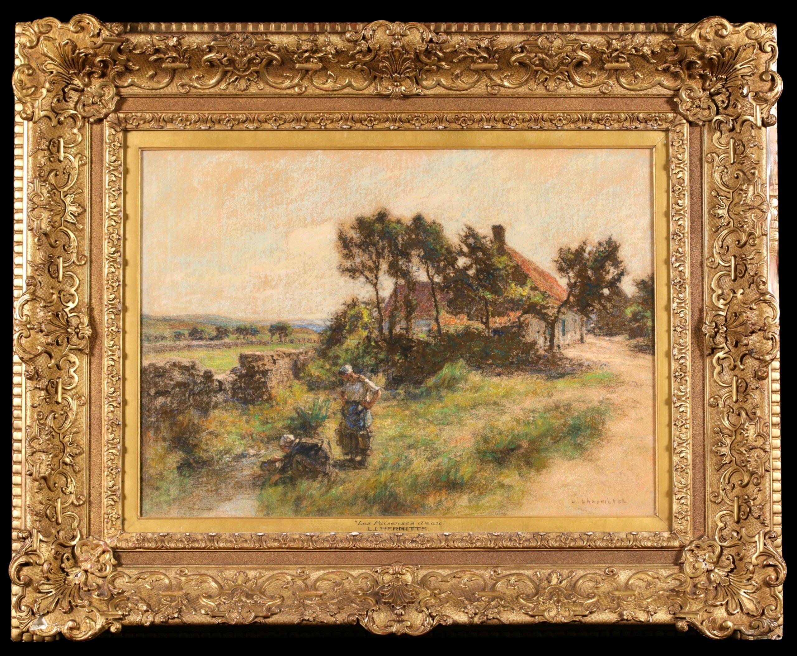 Les Puiseuses d'Eau - Paysage figuratif de Barbizon Pastel de Leon Lhermitte