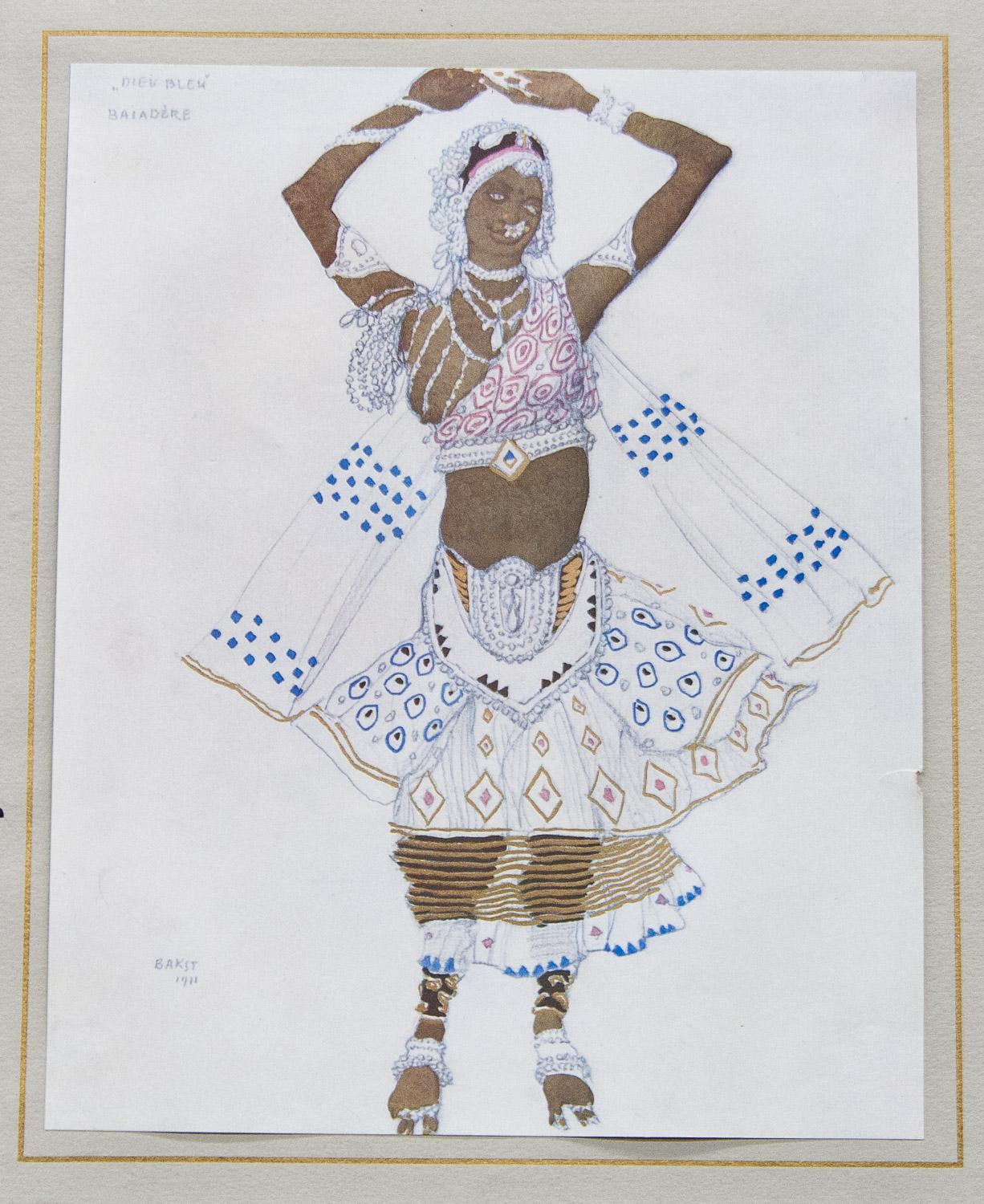          Drei ikonische Kostümentwürfe von Leon Bakst für Le Dieu Bleu (Der blaue Gott)  ), ein Ballett, das von Michel Fokine choreografiert und von Cocteau geschrieben wurde. Das Ballett wurde 1912 in Paris uraufgeführt. Es erzählt die Geschichte
