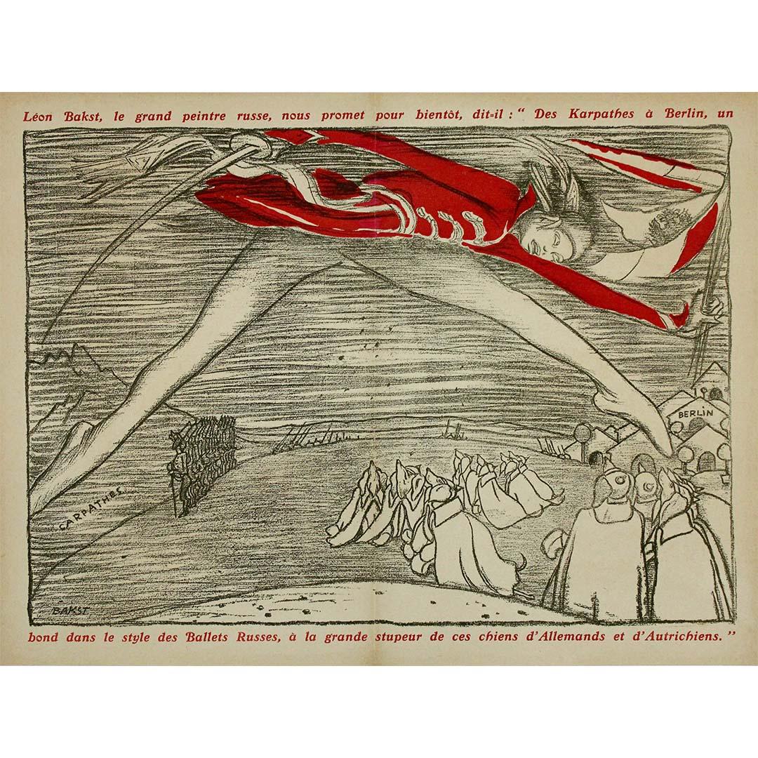This striking work by Léon Bakst, titled “Le grand peintre russe nous promet pour bientôt…” (“The great Russian painter promises us soon…”), vividly captures the spirit of early 20th-century wartime propaganda through the lens of avant-garde art.