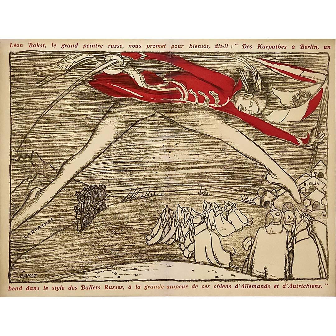 This striking work by Léon Bakst, titled “Le grand peintre russe nous promet pour bientôt…” (“The great Russian painter promises us soon…”), vividly captures the spirit of early 20th-century wartime propaganda through the lens of avant-garde art.
