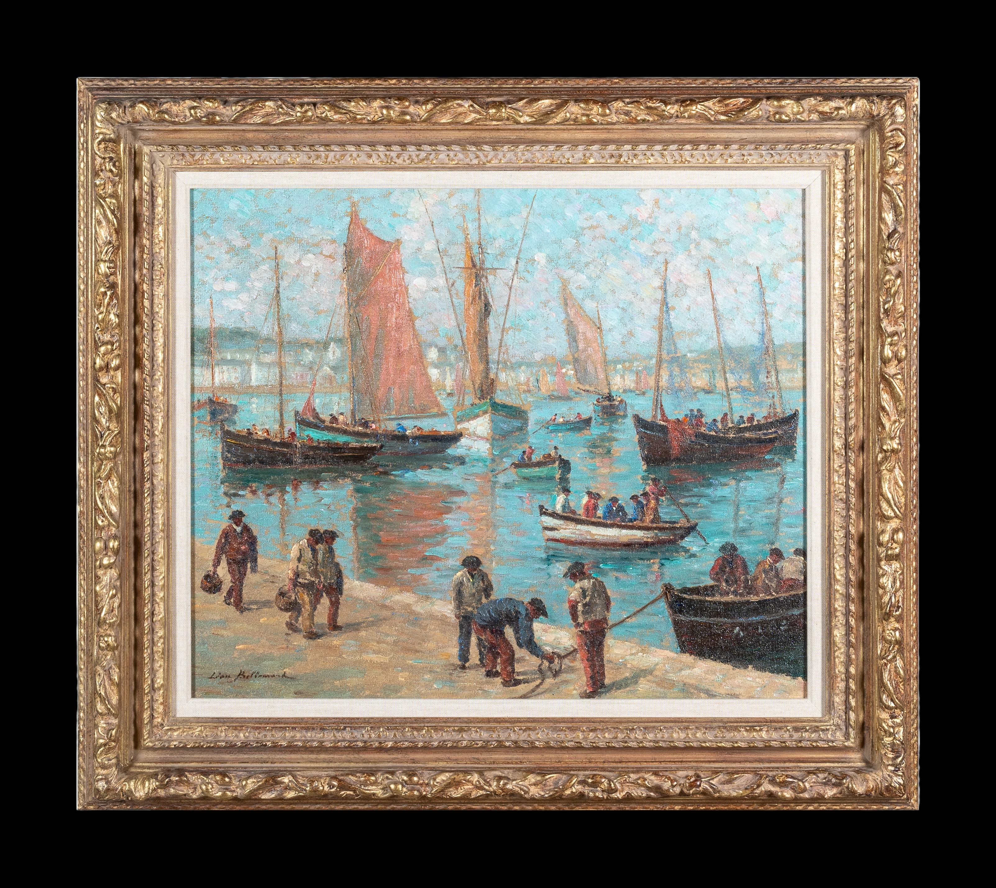 le Port d'Audierne Impressionist Harbour Painting, Figures, Boats, Blue Water (Grau), Landscape Painting, von Leon Bellemont
