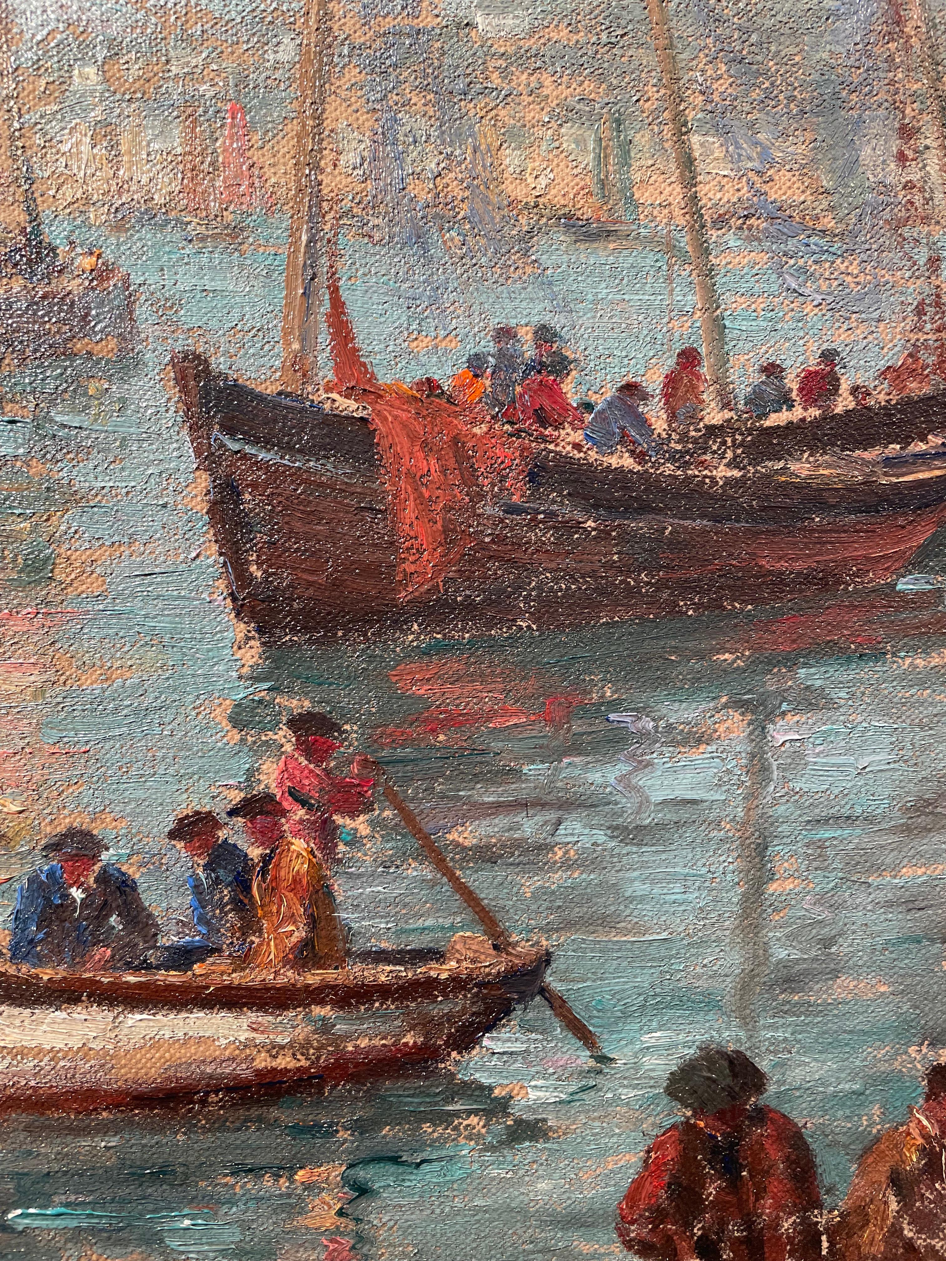 le Port d'Audierne Impressionist Harbour Painting, Figures, Boats, Blue Water im Angebot 2
