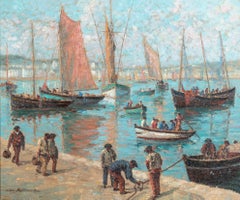 le Port d'Audierne Impressionist Harbour Painting, Figures, Boats, Blue Water