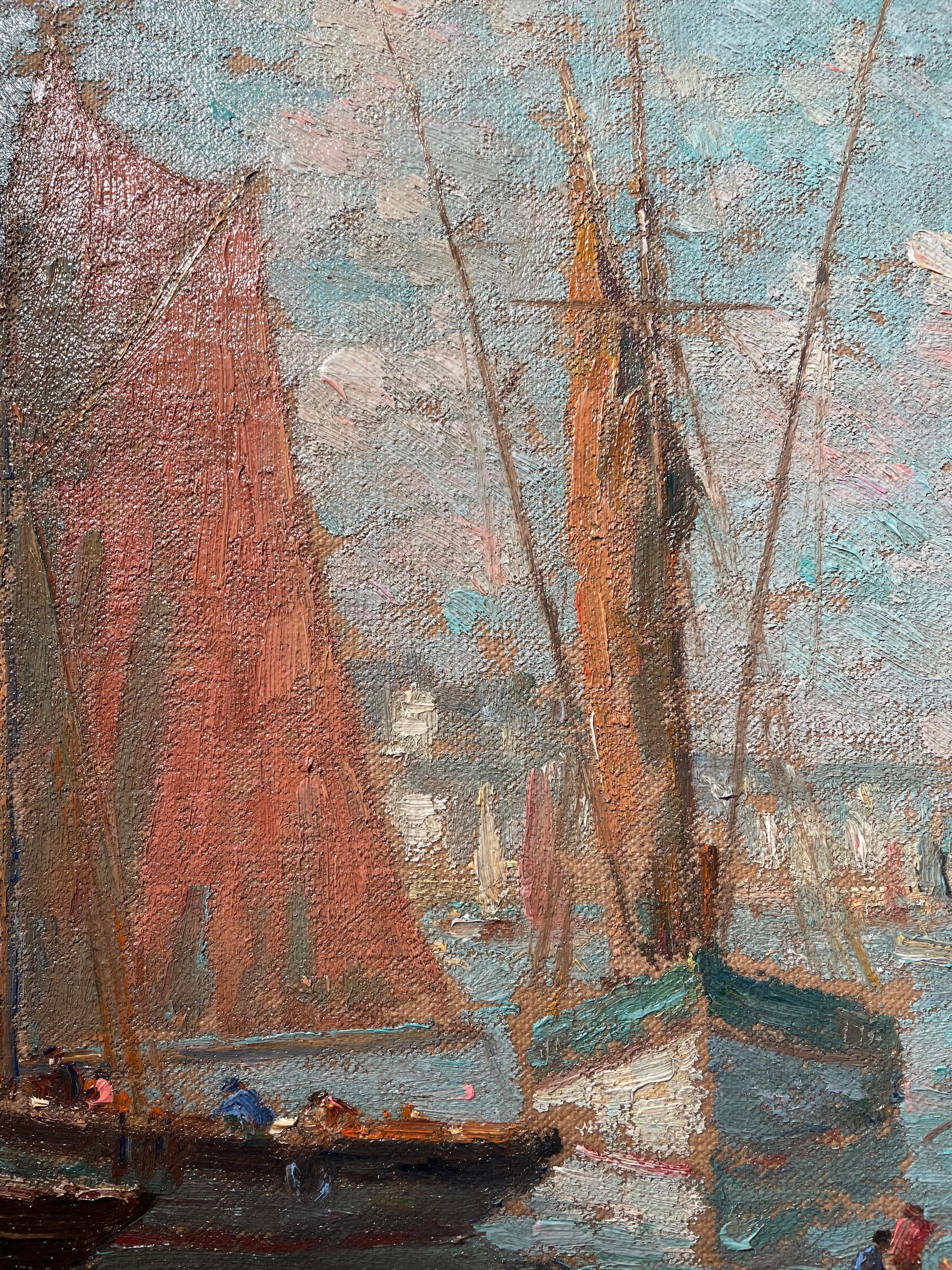 'Le Port' by Leon Bellemont. A beauitufl harbour scene of figures, boats and sails in a french Provence town. The colours are vibrant and bold. Reds, blues and touches of white. A perfect addition to any addition. 