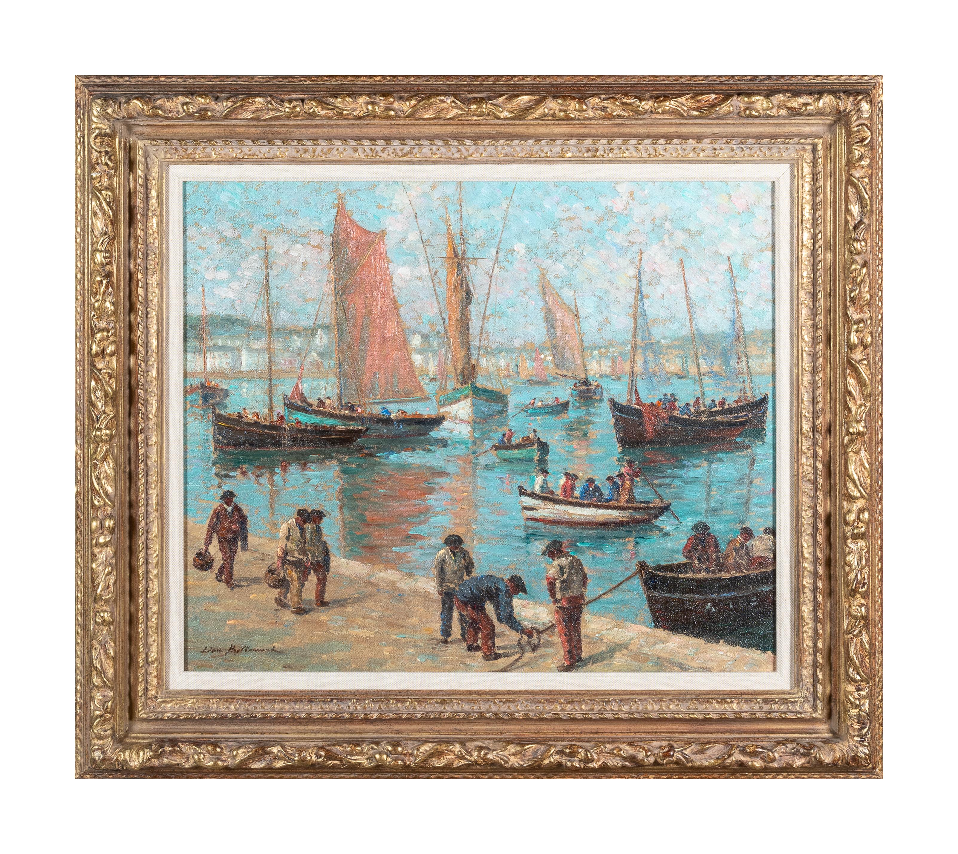 'Le Port' Impressionist Harbour Landscape Painting of boats, sails, figures 