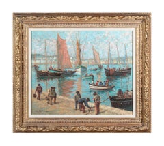 Le Port, paysage de port impressionniste représentant des bateaux, des voiles et des personnages 