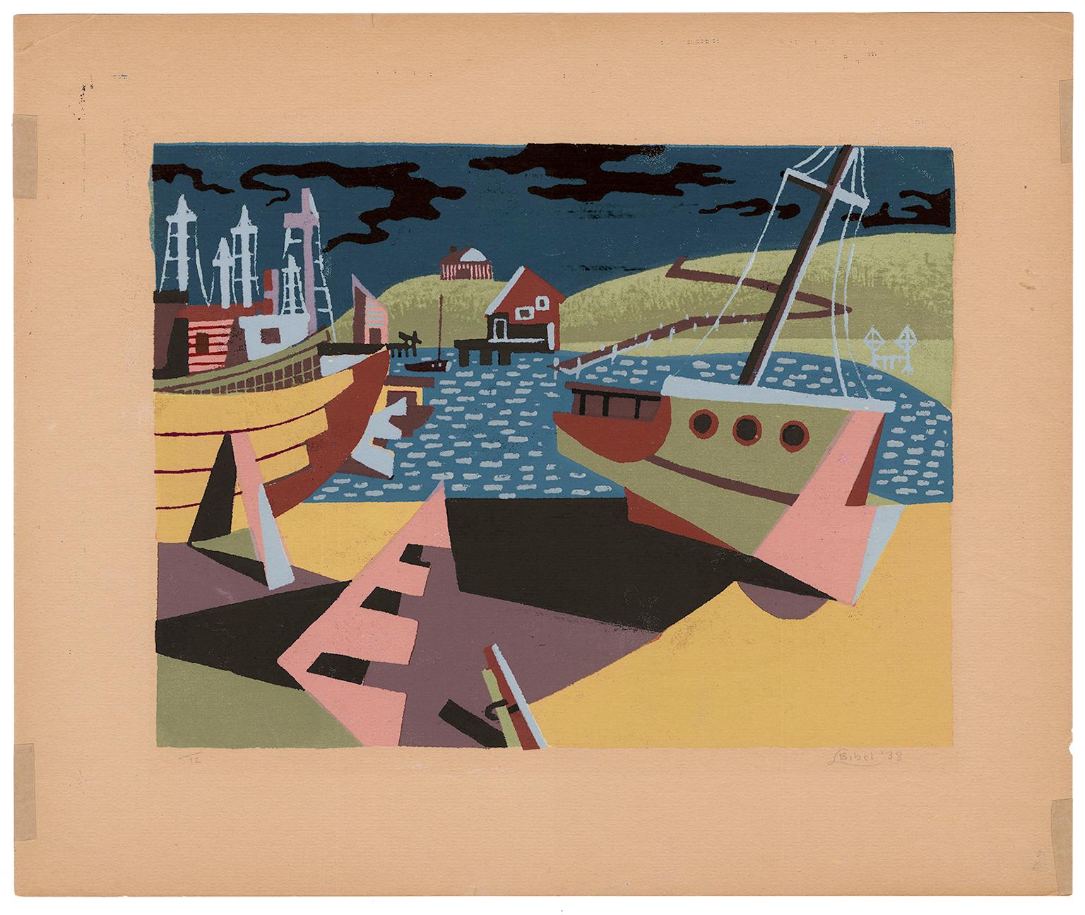 'Abstract Boats' — 1930s American Modernism, WPA - Print by Leon Bibel