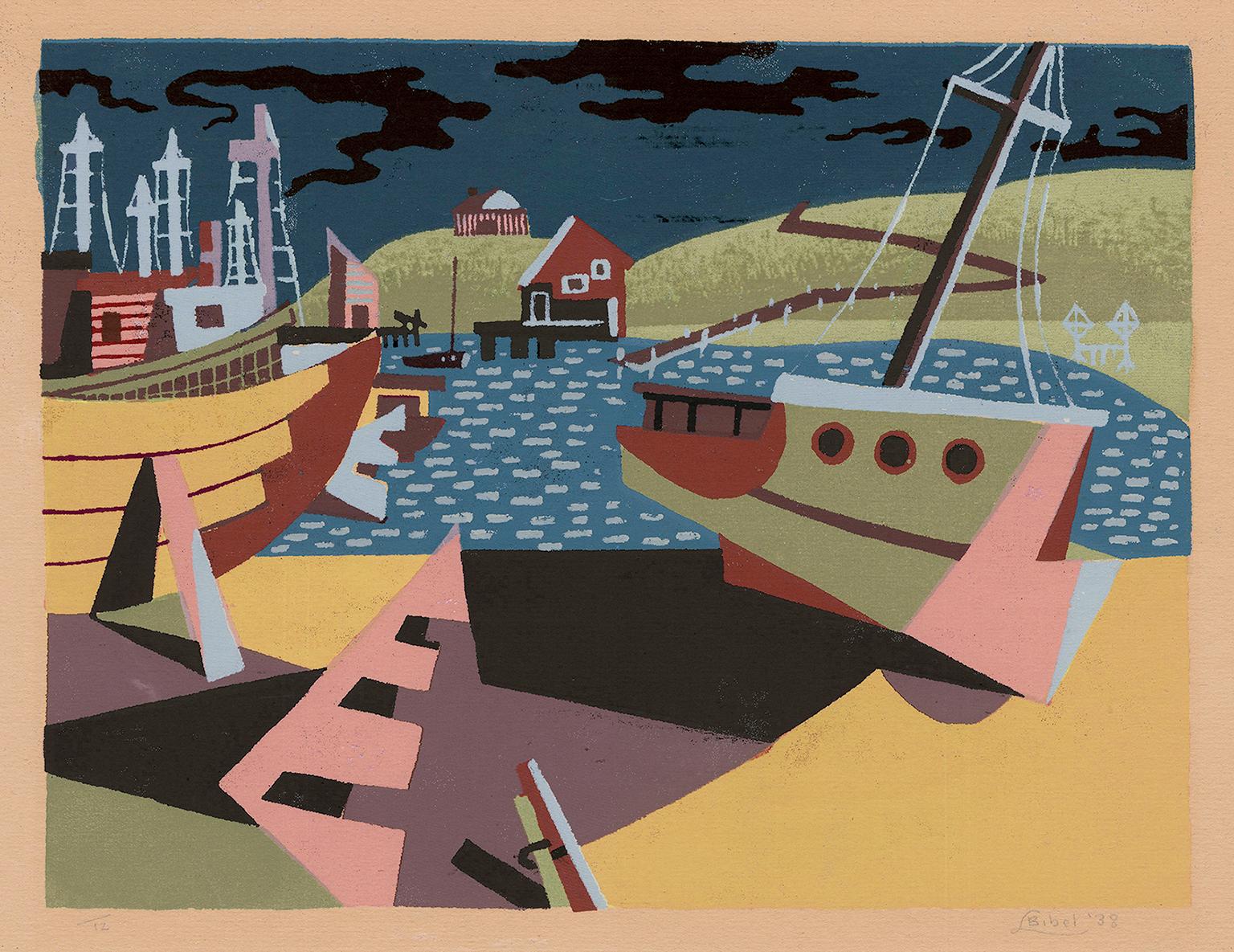 Leon Bibel Figurative Print - 'Abstract Boats' — 1930s American Modernism, WPA