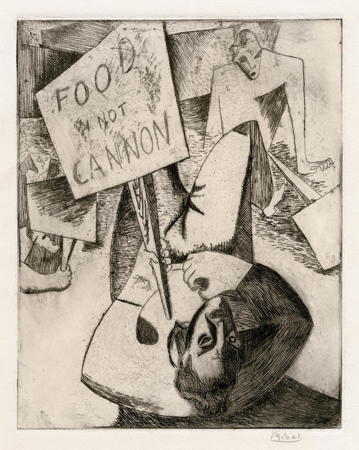 Leon Bibel Figurative Print – 'Food Not Cannon' - seltenes modernistisches Werk der WPA  Soziales Gewissen