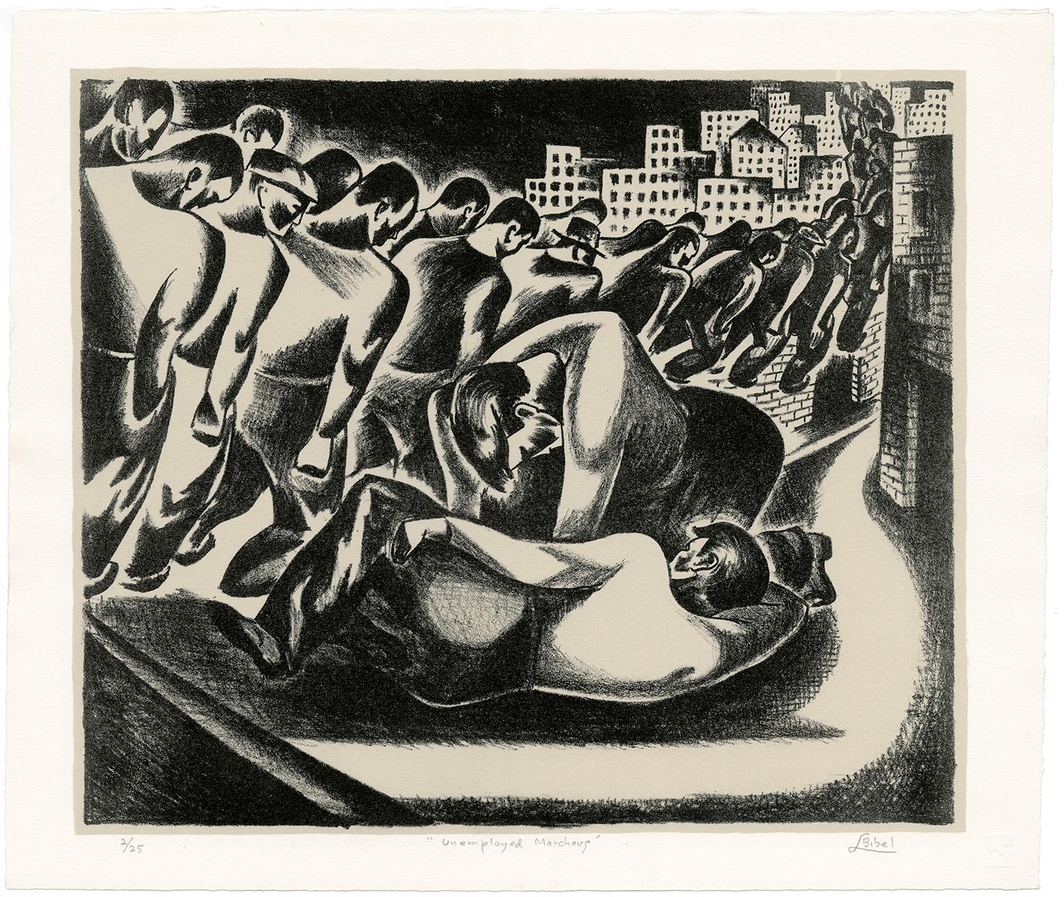 Arbeitslose Demonstranten - Modernität der 1930er Jahre, WPA – Print von Leon Bibel
