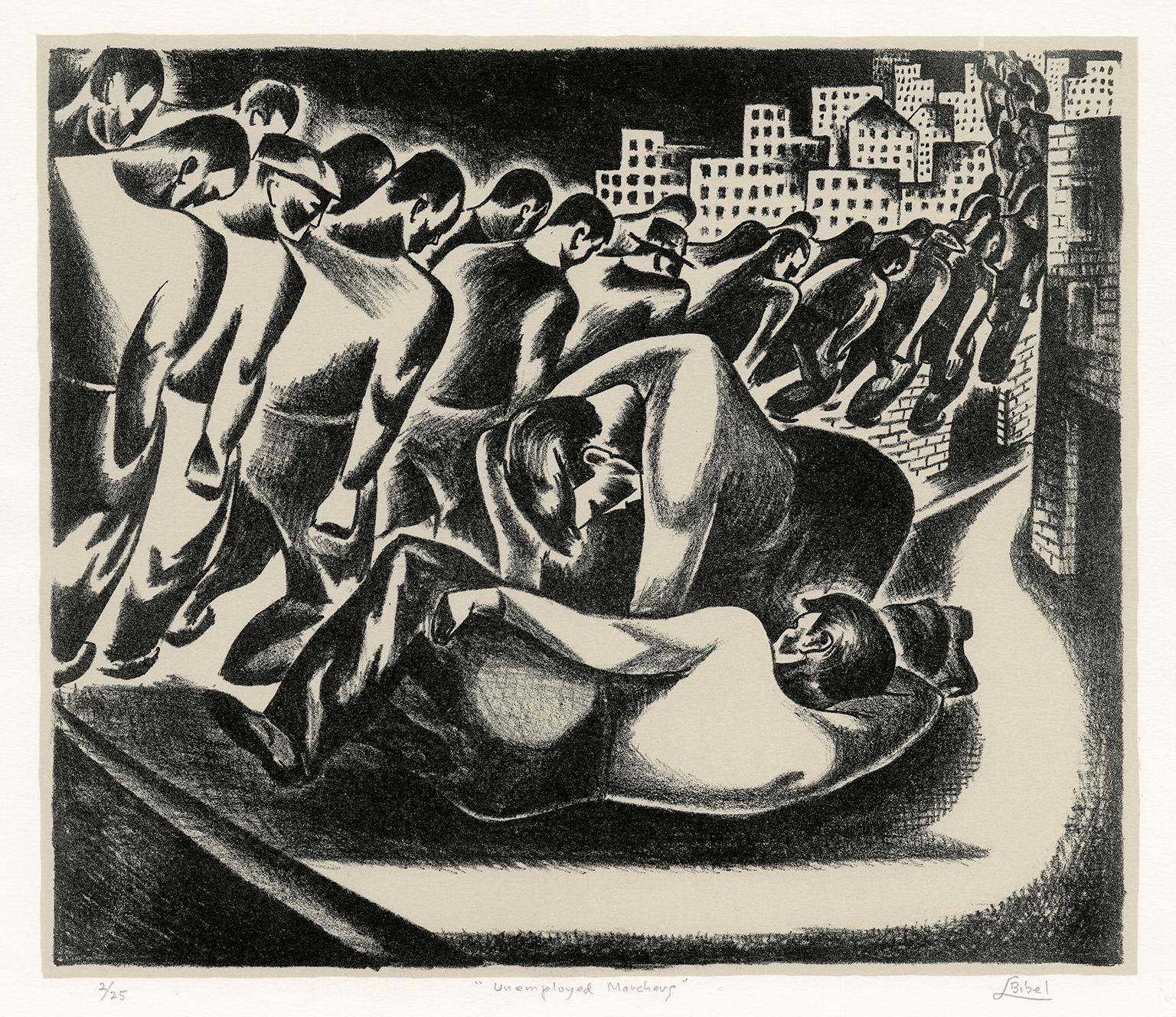 Leon Bibel Figurative Print – Arbeitslose Demonstranten - Modernität der 1930er Jahre, WPA