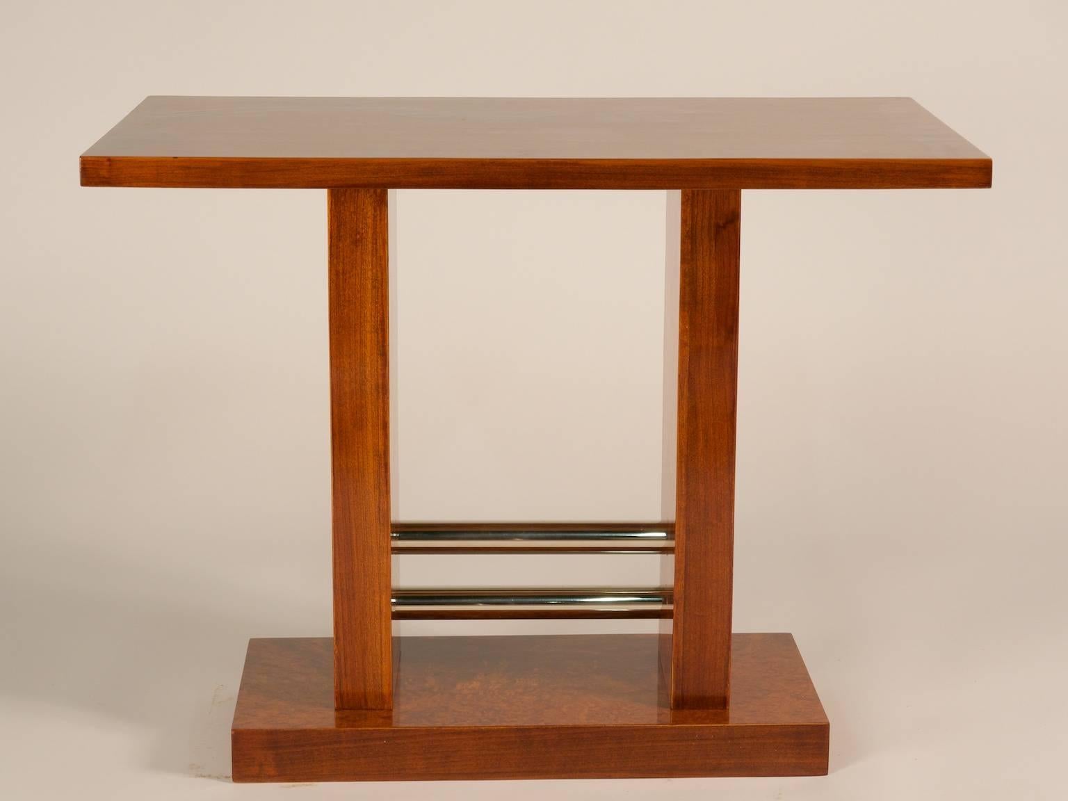 French modernist Art Deco side table attributed to Leon Bouchet in amboyna and chromed metal.
 