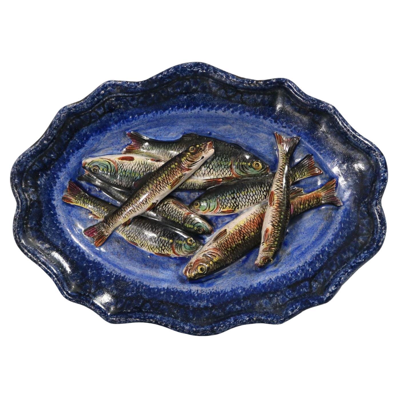 Piatto in maiolica francese Palissy con pesce di Leon Brard in vendita