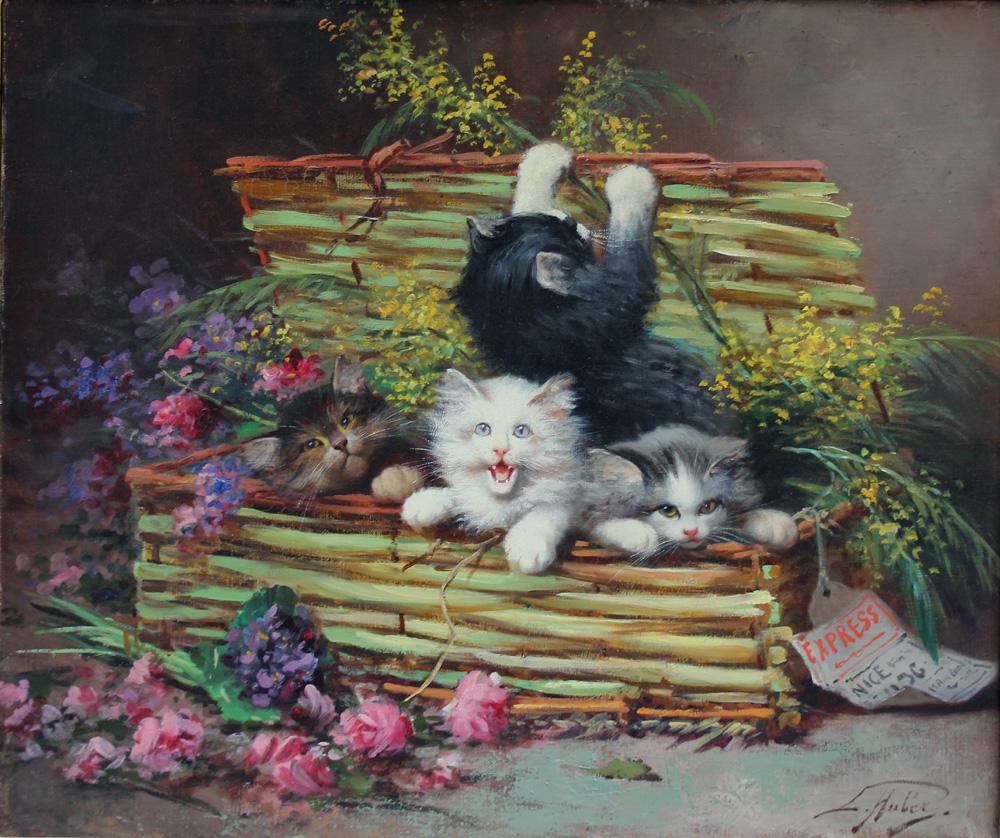 Four Kittens in a Basket - Painting by Léon Charles Huber