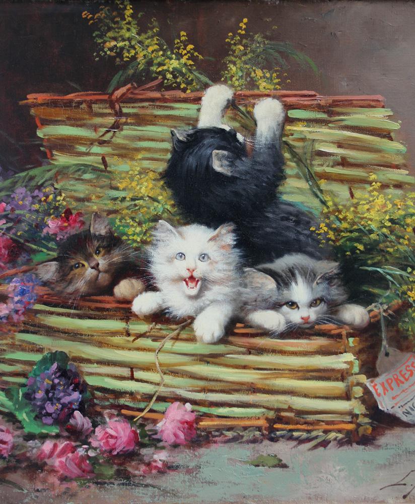 Four Kittens in a Basket - Brown Animal Painting by Léon Charles Huber