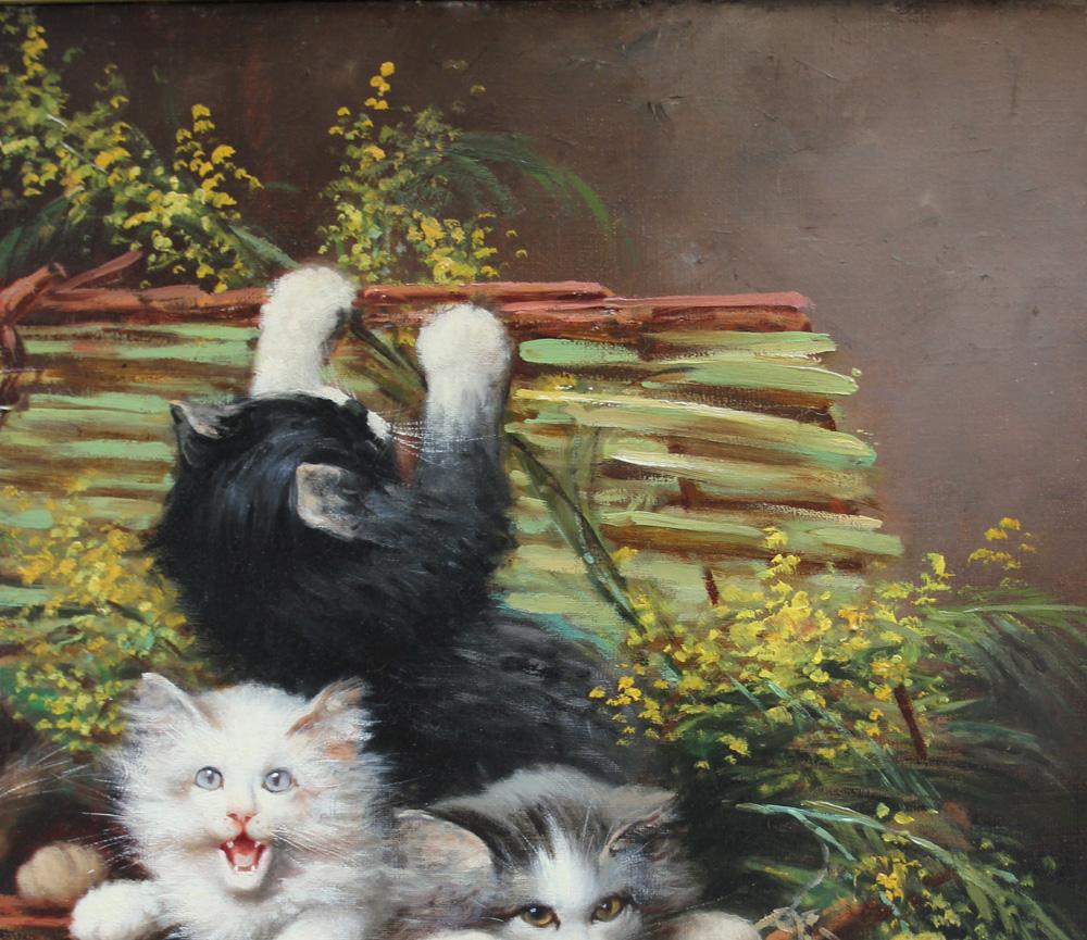Vier Kitten in einem Korb (Braun), Animal Painting, von Léon Charles Huber