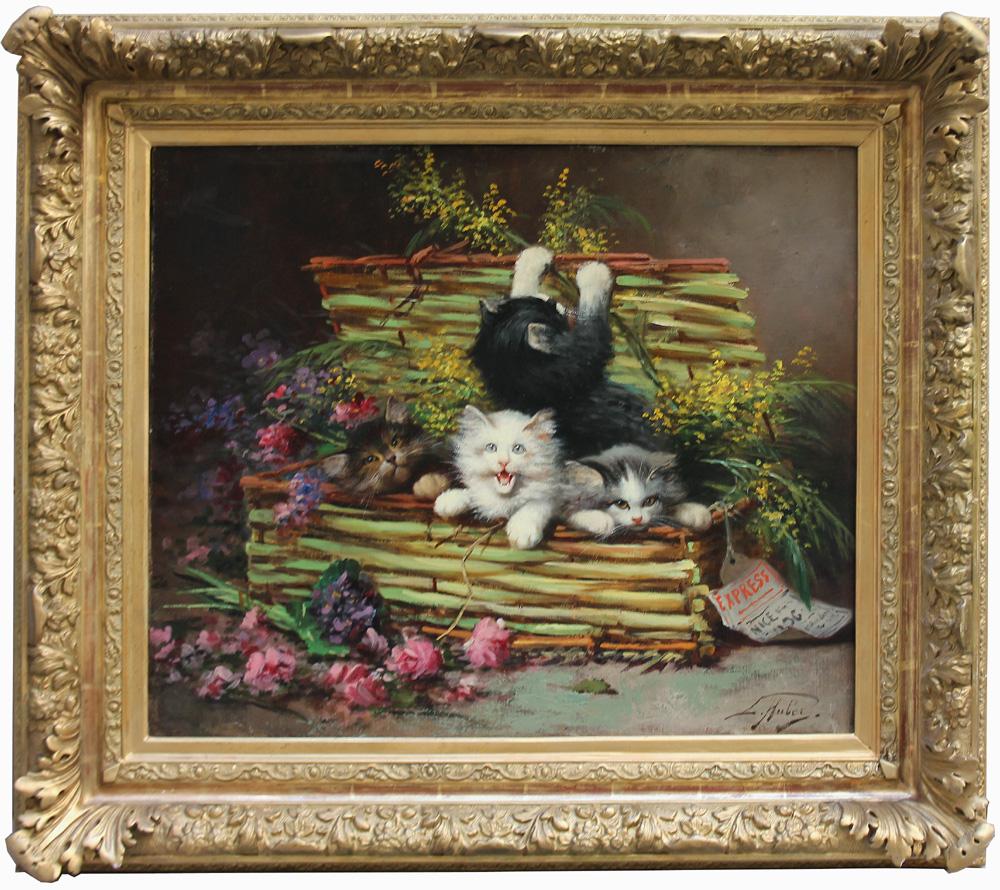 Léon Charles Huber Animal Painting – Vier Kitten in einem Korb