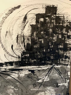1980s "Cityscape of Black and White" Abstract Landscape Painting