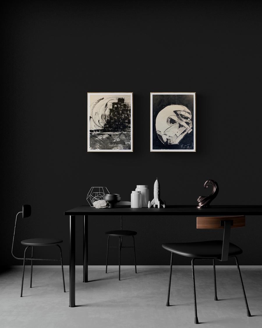 Peinture de paysage abstrait « Cityscape of Black and White » des années 1980 en vente 1
