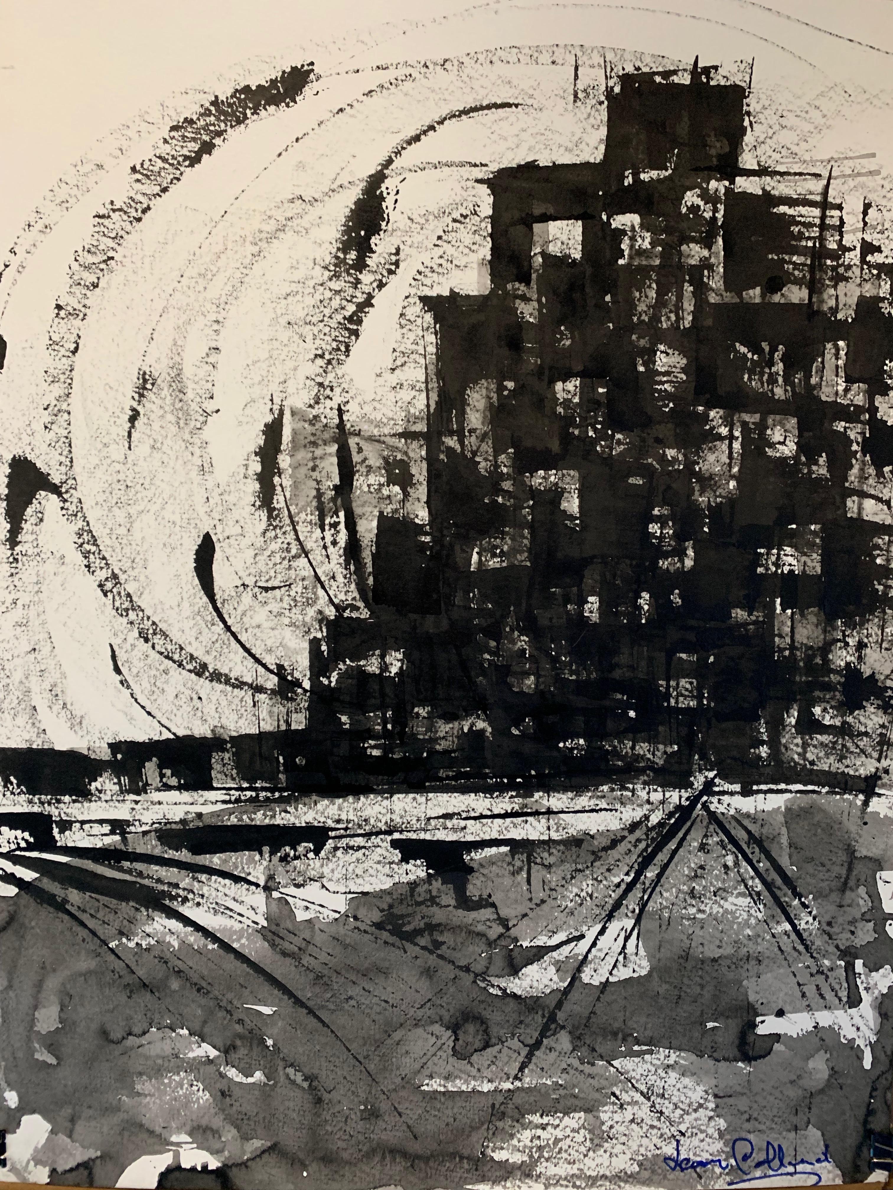 1980s "Cityscape of Black and White" Abstract Landscape Painting
