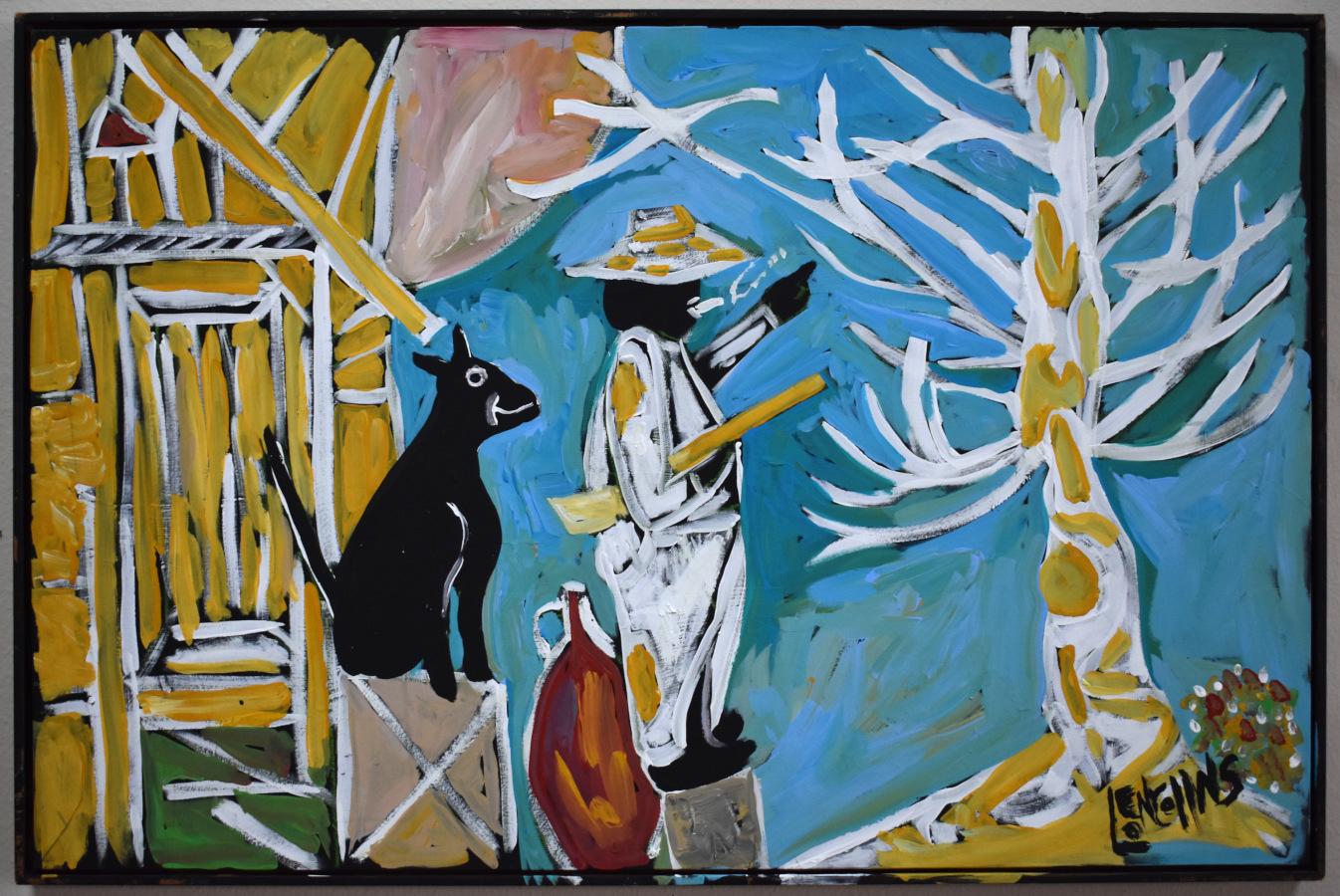 Figurative Painting di Leon Collins - "CANE DA CACCIA" ARTE POPOLARE NERA DEL TEXAS INCORNICIATA 24 X 36