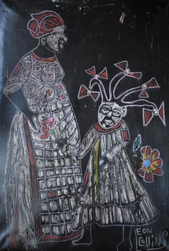 "MOTHER AND DAUGHTER" TEXAS BLACK FOLK ART FRAMED 38 x 26 AFRICAN AMERICAN