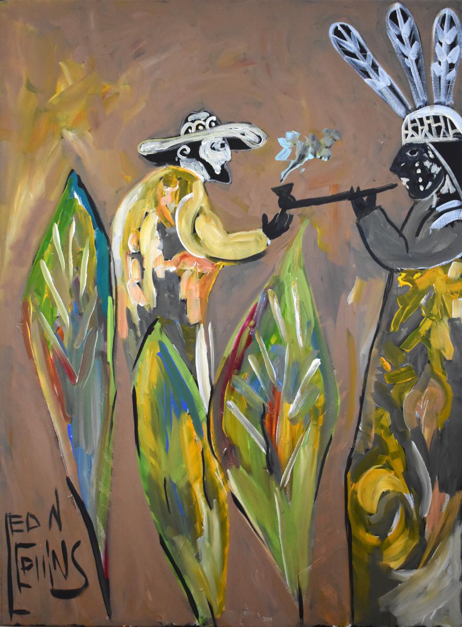 Figurative Painting di Leon Collins - "SEGNO DI PACE" ARTISTA FOLK NERO DEL TEXAS PEACH PIPE